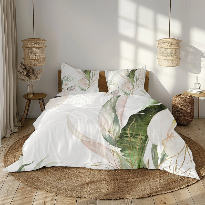 boho bedroom setting with white green pink tropical anthurium leaves design duvet and pillow set