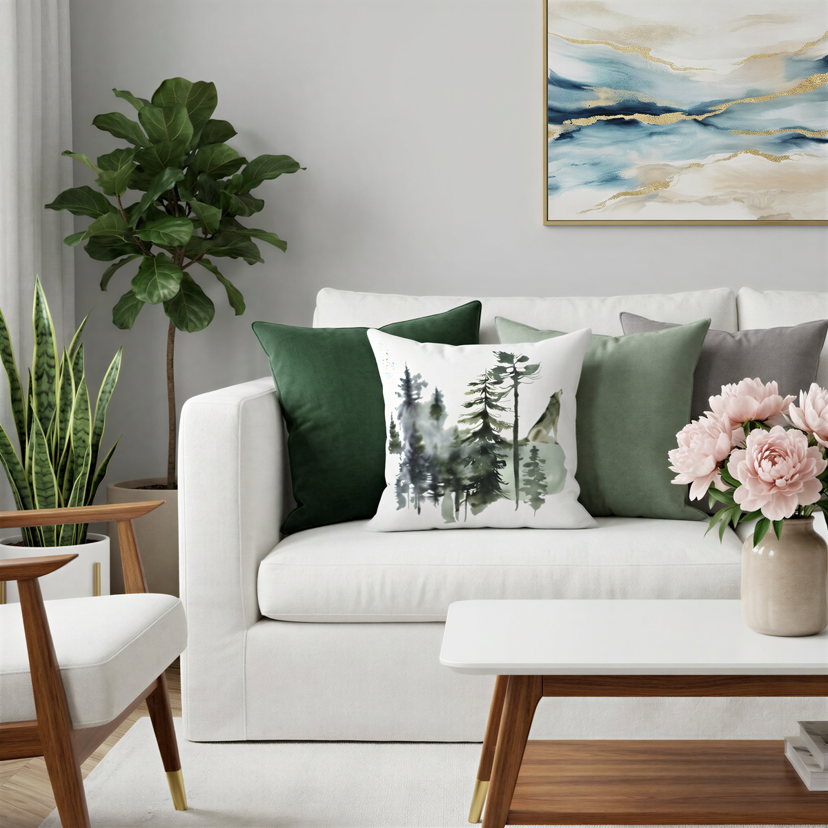 a cozy living room with a white sofa adorned with green and white throw pillows, a wooden coffee table, and a painting of trees on the wall. The room is decorated with potted plants and a vase of pink flowers, creating a warm and inviting atmosphere.