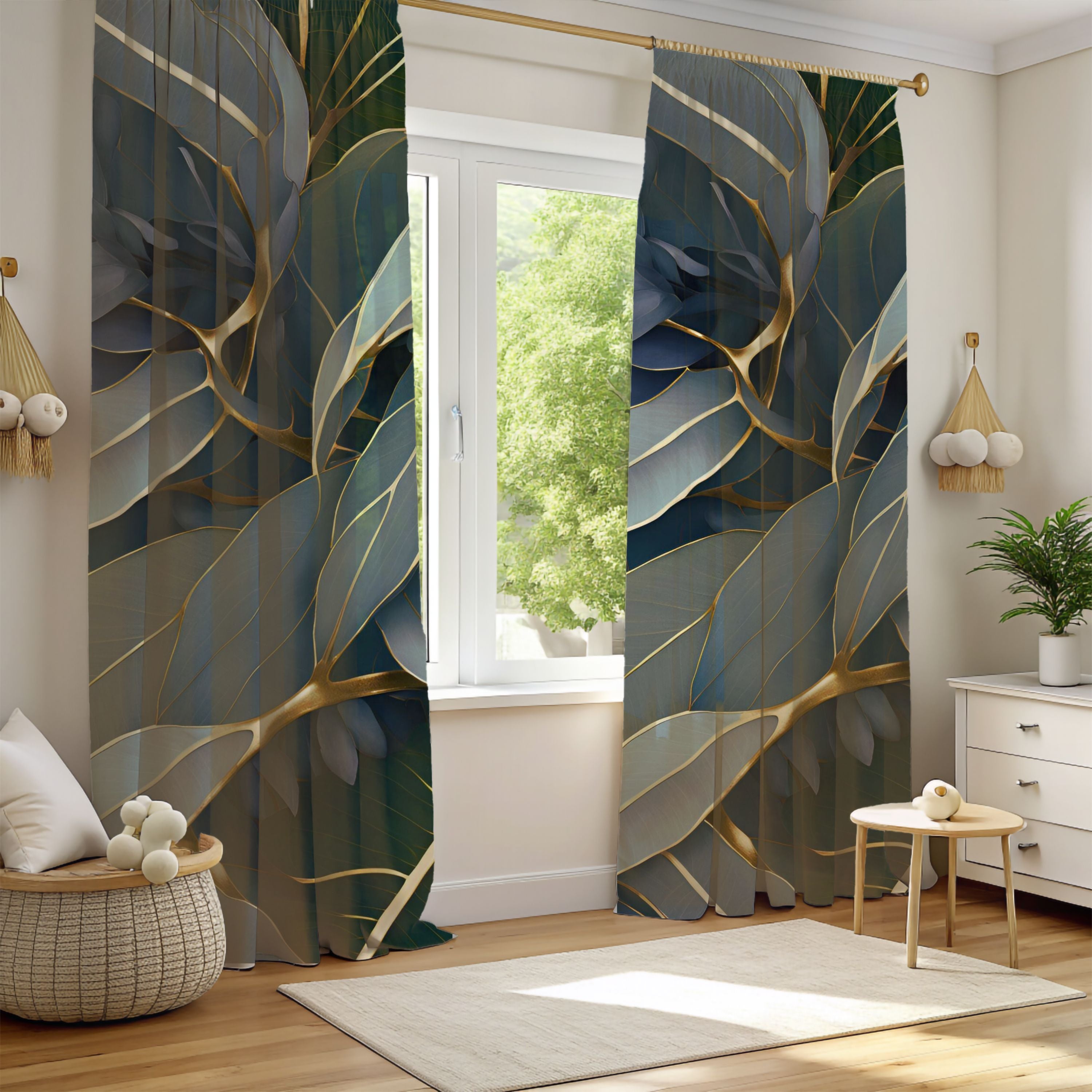 a living room with a large window covered in curtains