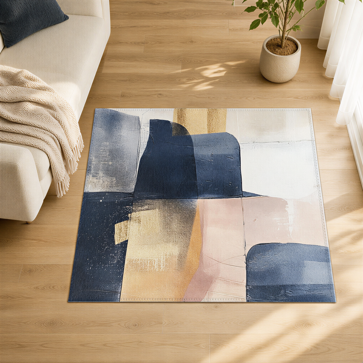 a modern abstract rug with a mix of blue, pink, and white colors, placed on a wooden floor in a living room setting.