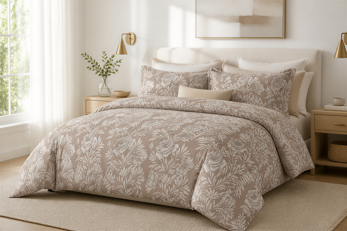 a well-lit bedroom with a large bed featuring a floral patterned comforter and pillows. The bed is positioned against a wall with a window, and there are two nightstands on either side of the bed. The room has a neutral color scheme with beige and white tones, and there is a framed picture on the wall above the bed.