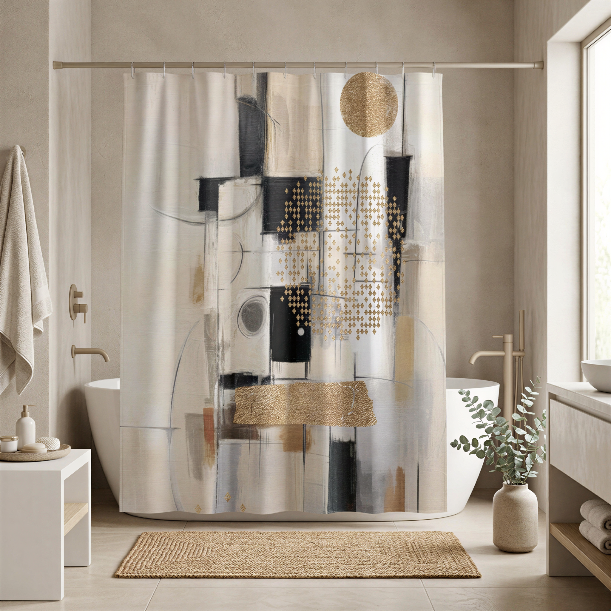 a modern bathroom with a large abstract shower curtain featuring a gold and black design. The bathroom has a white bathtub, a sink, and a large window.