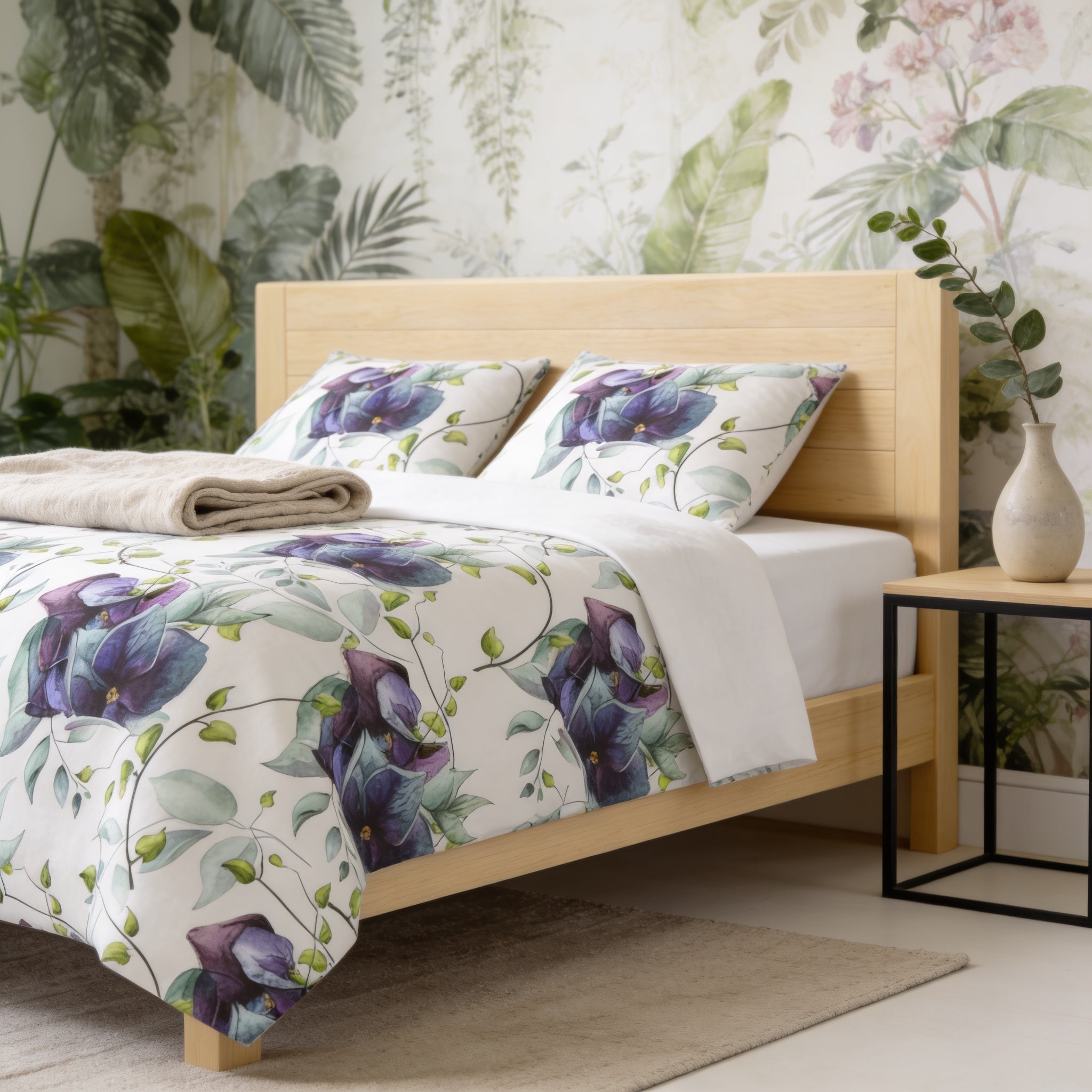 a bedroom with a wooden bed frame, a white and purple floral comforter, and a wooden nightstand with a vase. The room has a tropical theme, with a large wall mural featuring green leaves and flowers.