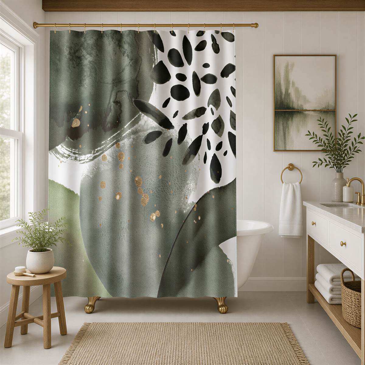 a modern bathroom with a large abstract green and white shower curtain featuring a black and white leaf pattern. The bathroom is well-decorated with a potted plant, a framed artwork, and a white sink.
