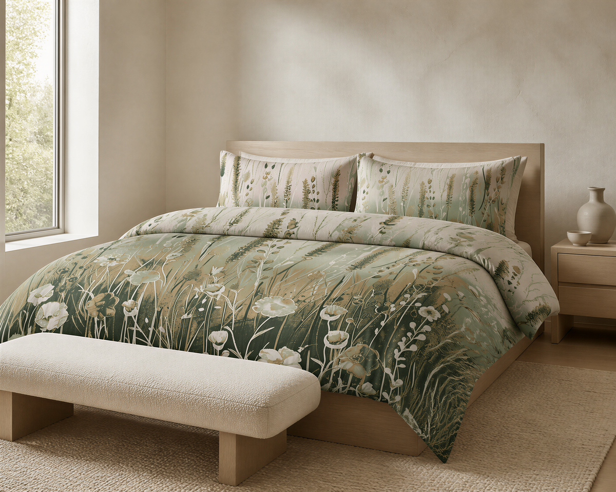 a serene and cozy bedroom with a large bed adorned with a green and white floral comforter and matching pillows. The bed is positioned against a wall with a window, allowing natural light to fill the space. A white bench is placed in front of the bed, and a nightstand is situated next to it. The overall color scheme and arrangement of the room create a calming and inviting atmosphere.