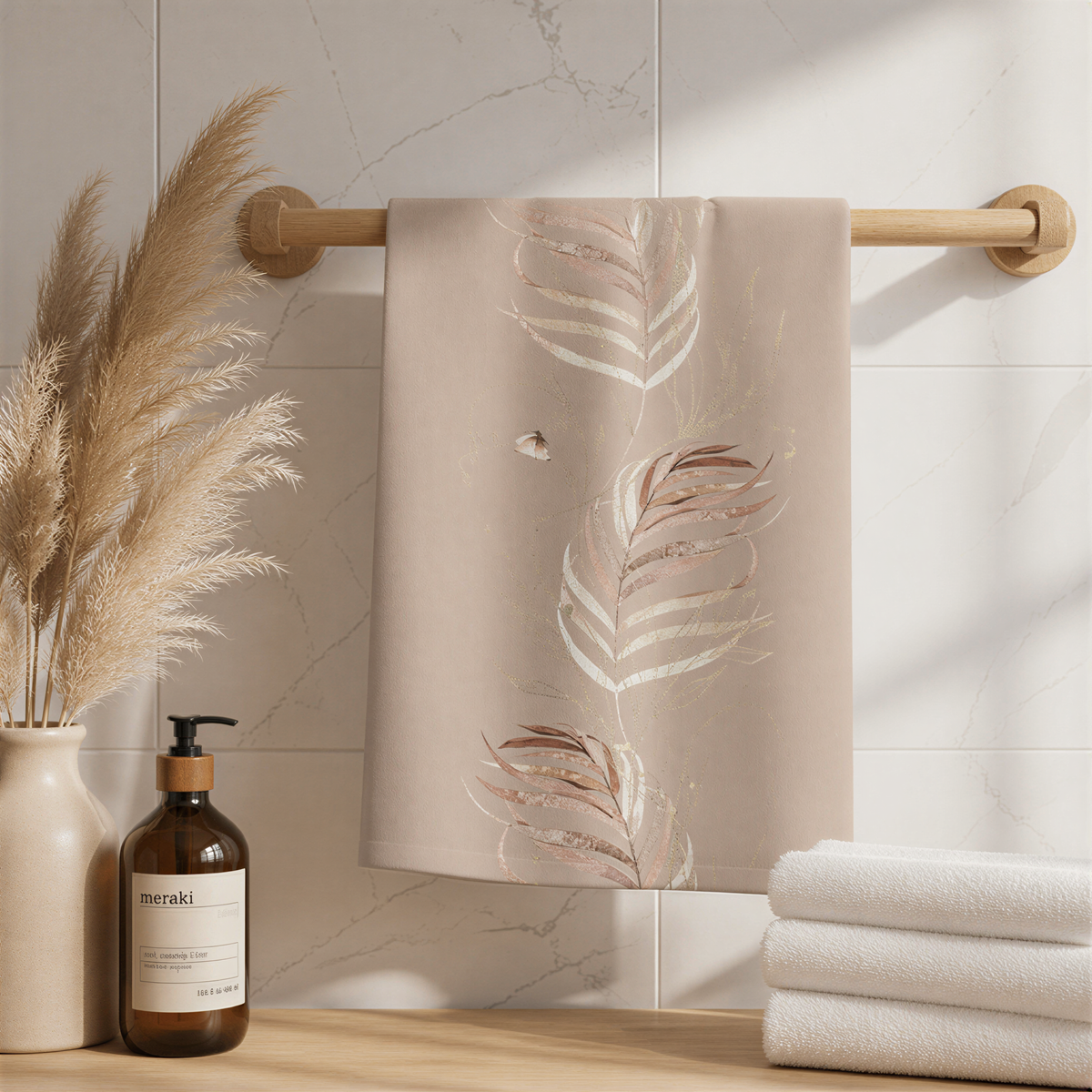 a bathroom setting with a towel rack holding a towel with a leaf pattern, a bottle of soap, and a vase of dried flowers.