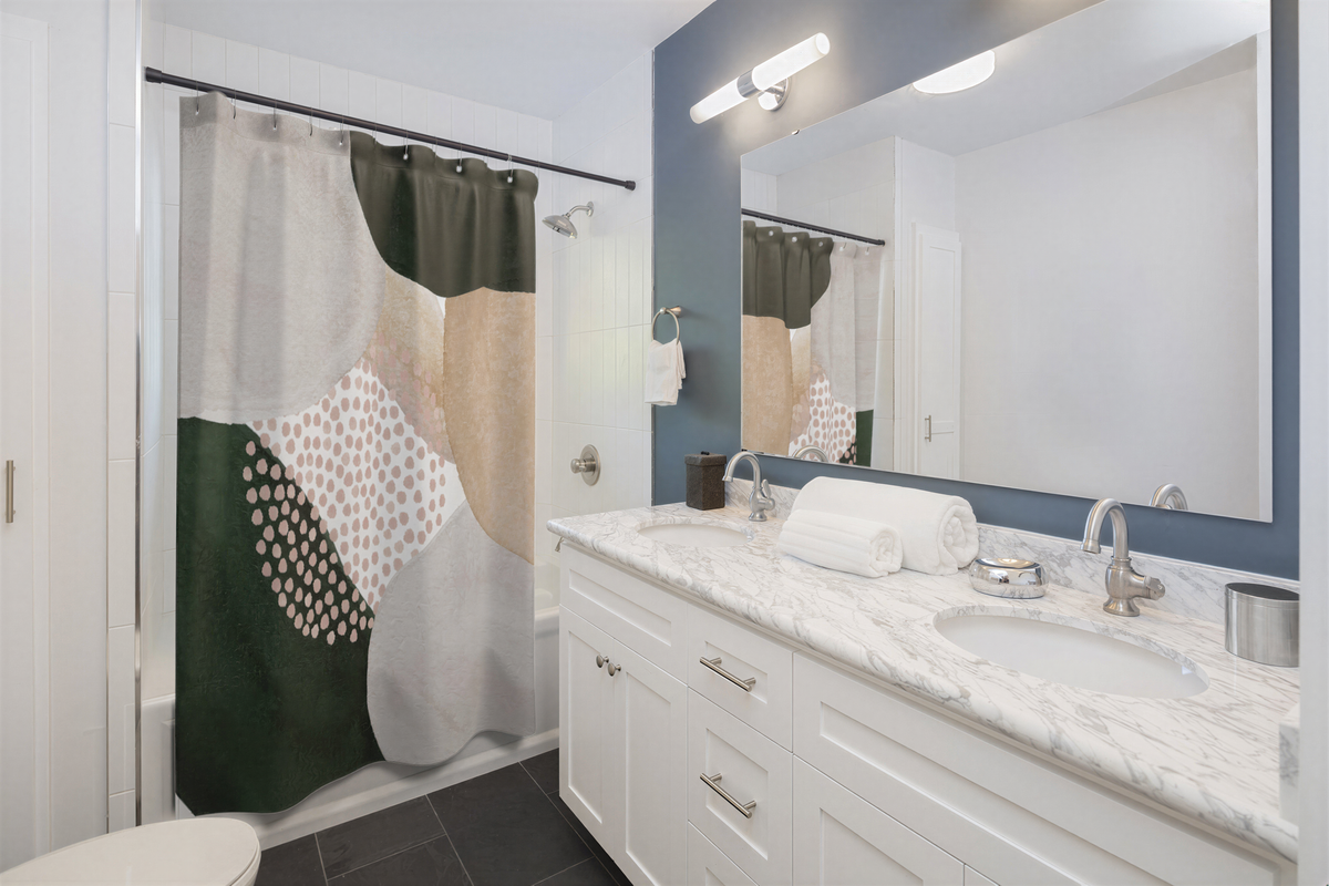 Abstract Boho Shower Curtain Beige Cream Green hanging in a modern bathroom