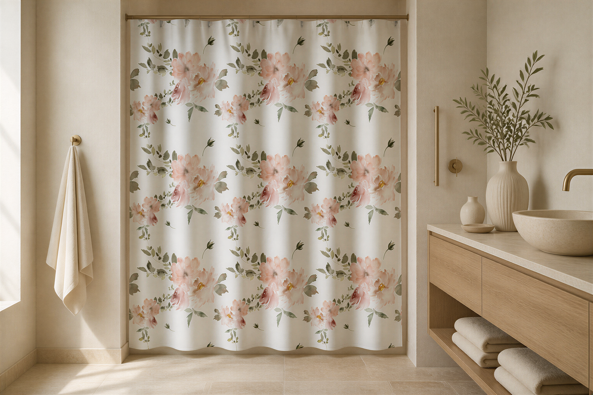 a bathroom with a floral patterned shower curtain, a wooden vanity, and a vase of greenery on the counter.