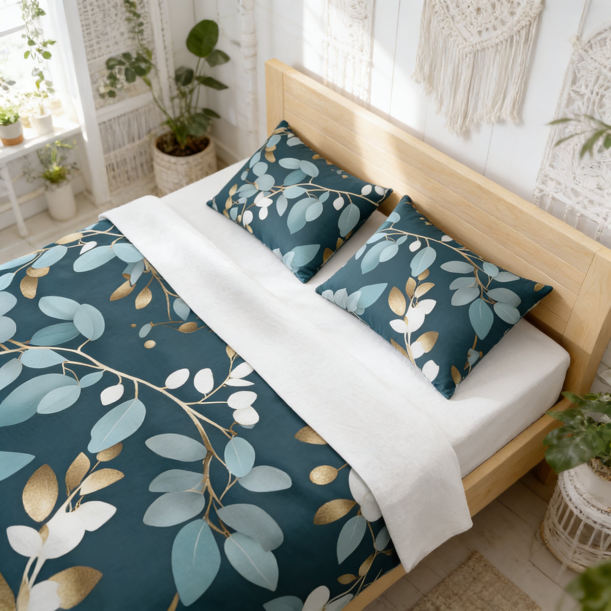 a bedroom with a bed featuring a blue and gold leaf-patterned comforter and pillows. The bed is surrounded by various potted plants, creating a cozy and natural atmosphere.