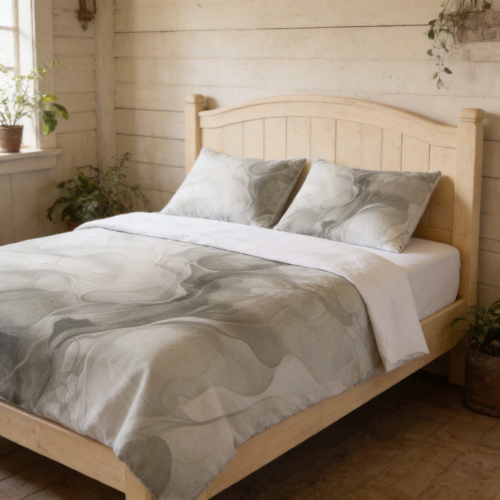 a cozy bedroom with a wooden bed frame, a white wooden headboard, and a gray and white patterned comforter. The room has a rustic, natural aesthetic with wooden walls and a window. There are also some potted plants and a vase in the room, adding to the overall ambiance.