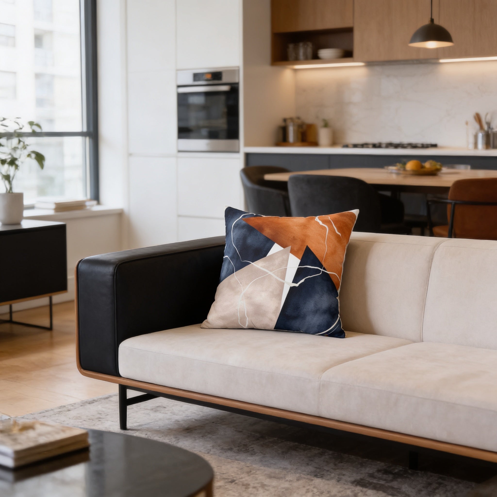 a modern living room with a white sofa, a black coffee table, and a large window overlooking a kitchen.