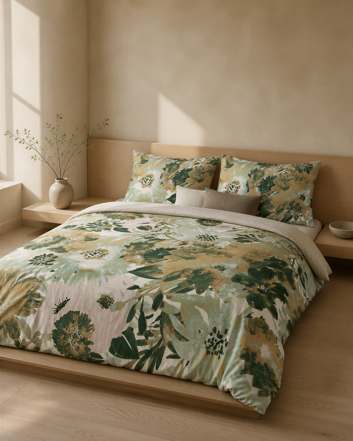 a serene and cozy bedroom scene, featuring a bed with a floral print comforter and pillows, a wooden headboard, and a small vase of greenery on the nightstand.