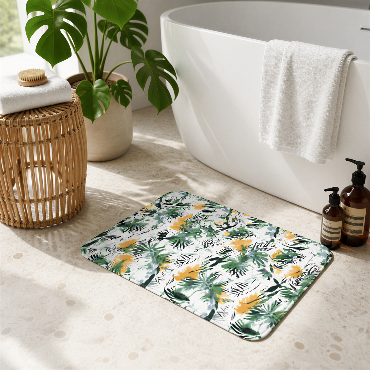 a bathroom with a white bathtub, a wicker stool, a potted plant, and a colorful bath mat with a tropical print.
