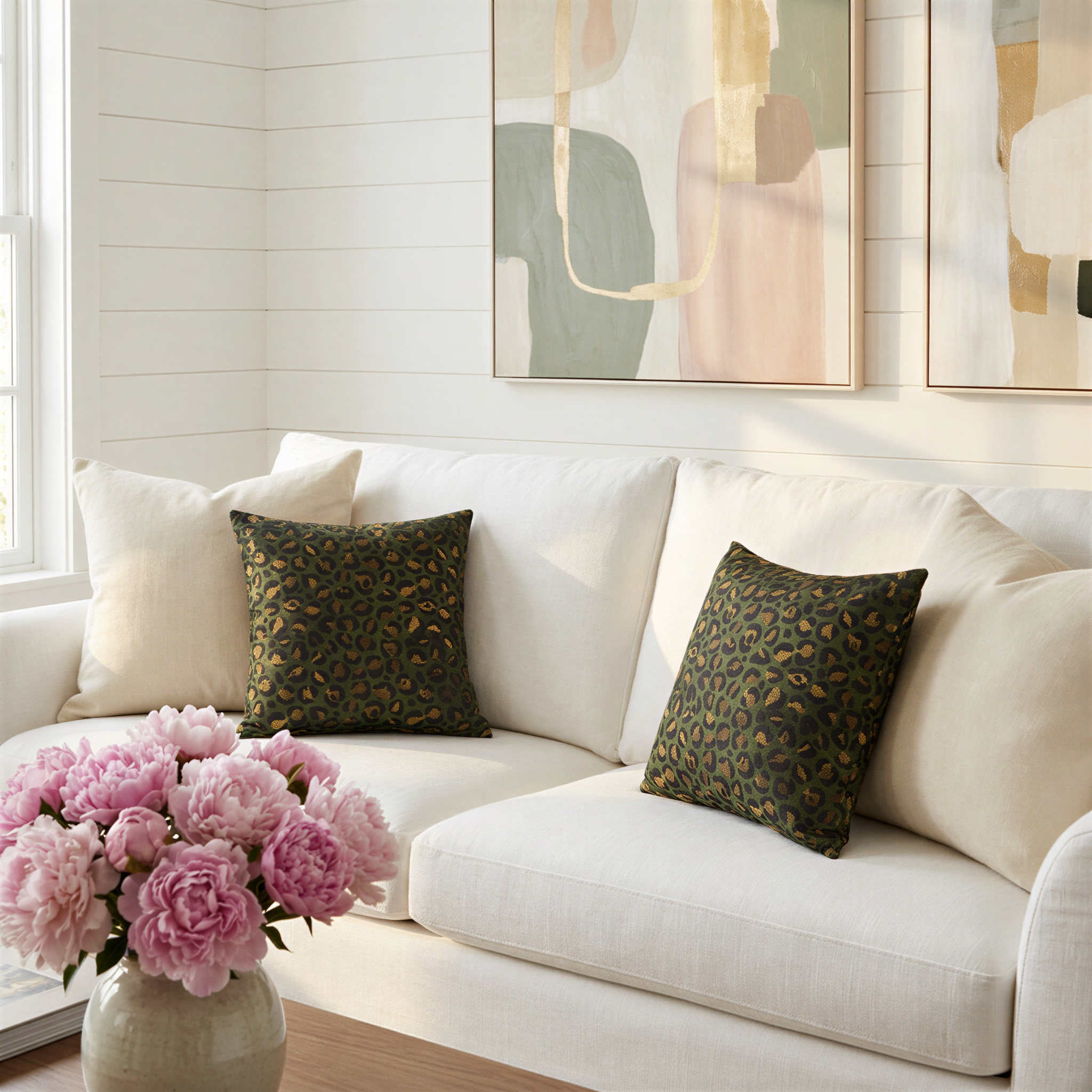 a cozy living room with a white sofa adorned with two patterned throw pillows. In front of the sofa, there is a vase filled with pink peonies, adding a touch of elegance to the space. The room is decorated with abstract art on the wall, creating a visually appealing and inviting atmosphere.