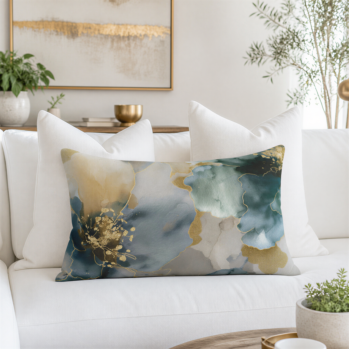 a living room with a white couch and a decorative pillow with an abstract watercolor design in blue, green, and gold colors. The room also includes a painting on the wall, potted plants, and other decorative elements.