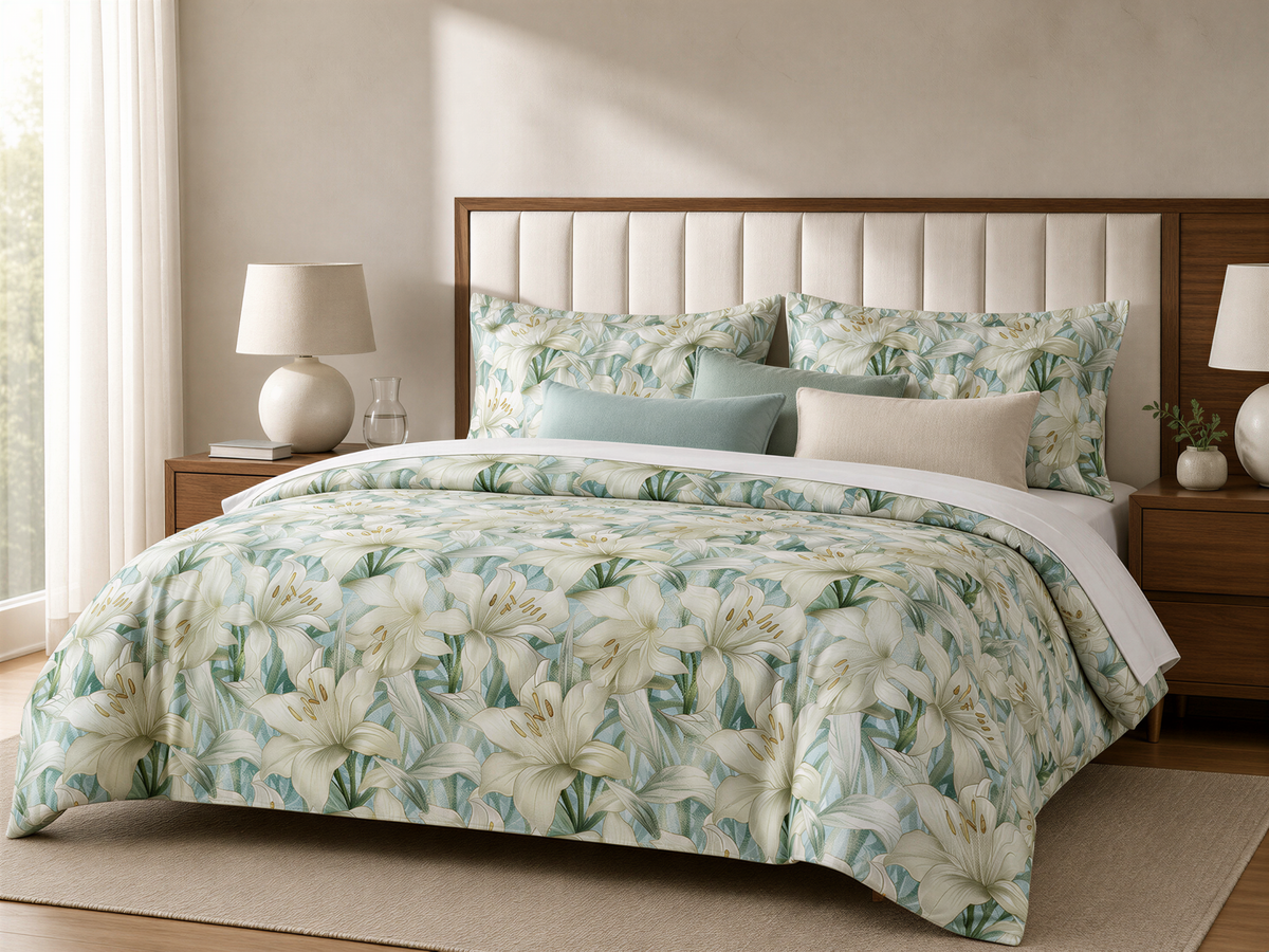 a bedroom with a large bed covered in a floral print comforter and pillows. The bed is positioned against a wall with a wooden headboard. There are two nightstands on either side of the bed, each with a lamp. The room has a neutral color scheme, with a beige carpet and white walls.