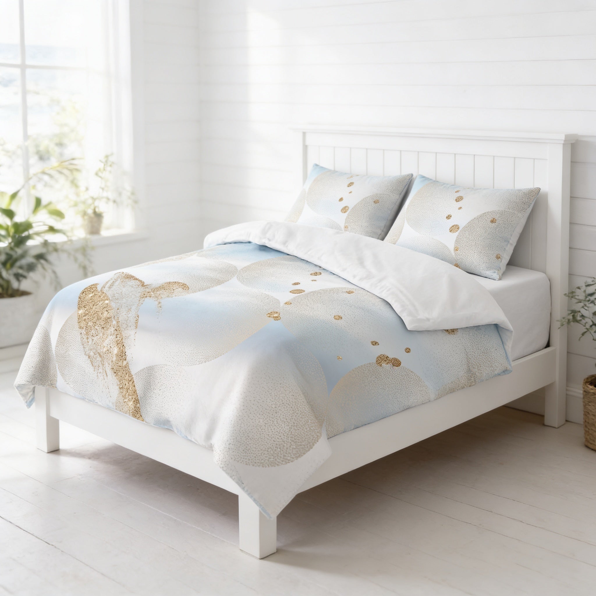 a white wooden bed with a blue and white patterned comforter and pillows, placed in a bright and airy room with a window and potted plants.