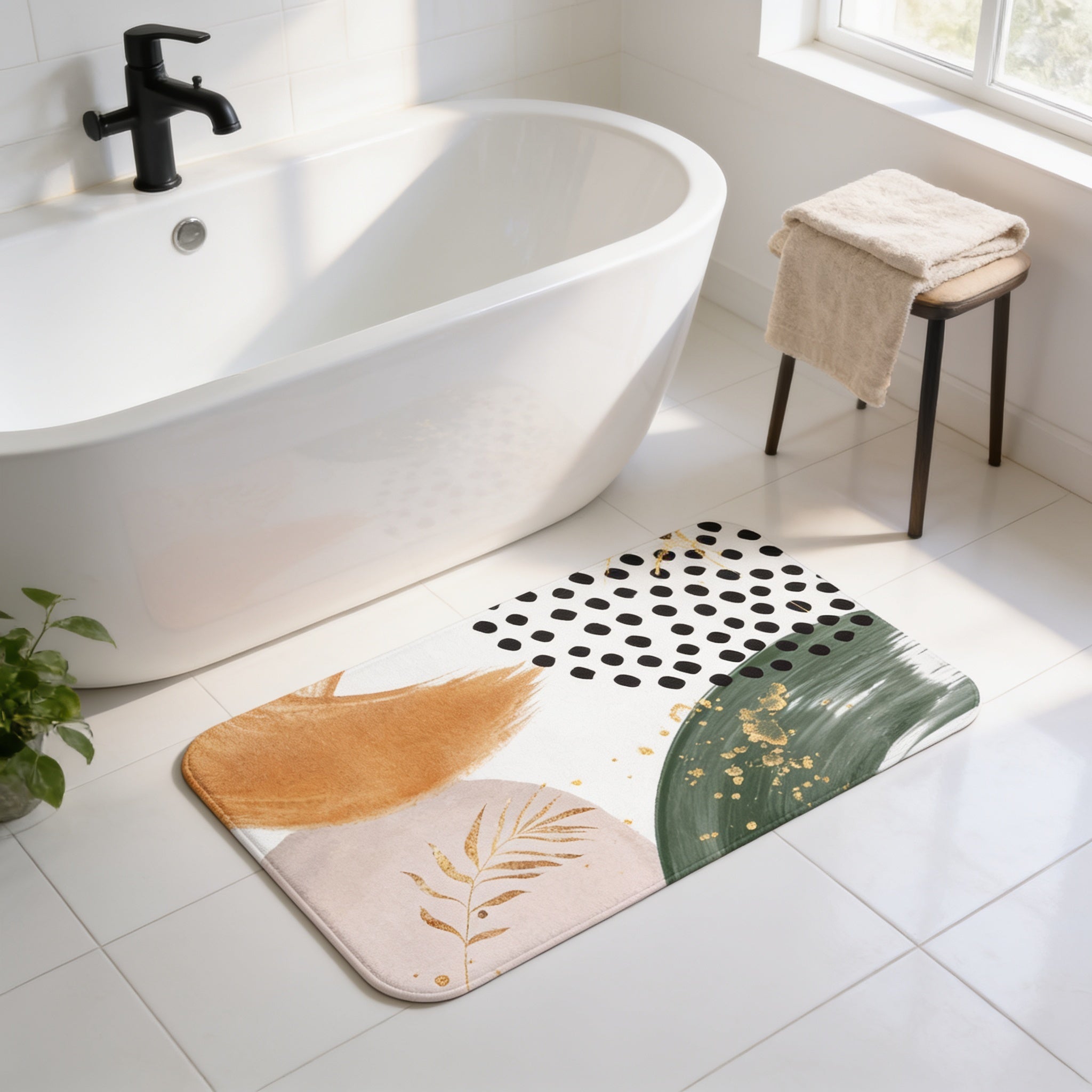 a bathroom with a white bathtub, a towel on a stool, and a colorful bath mat on the floor.