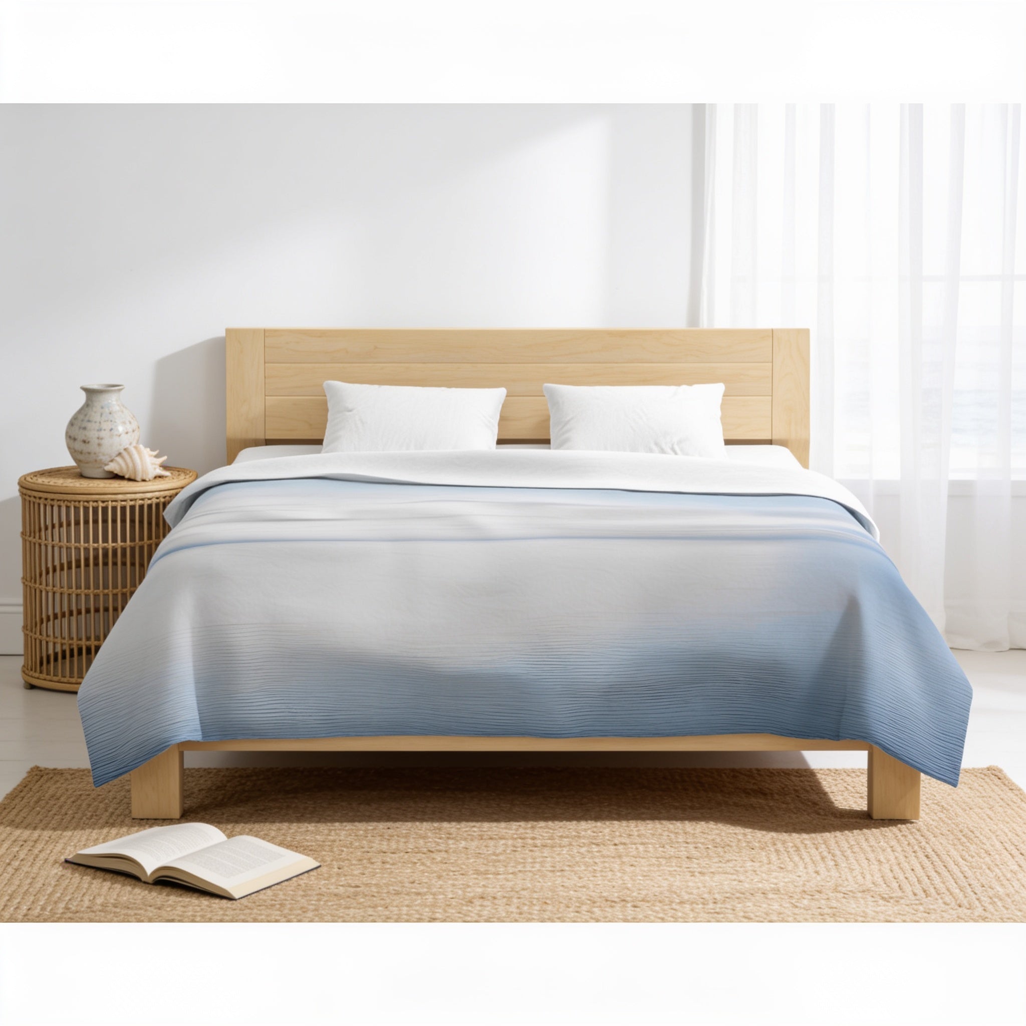 a serene bedroom scene with a wooden bed frame, a white and blue gradient comforter, and a woven side table. There is an open book on the floor next to the bed, suggesting a peaceful and relaxing atmosphere.