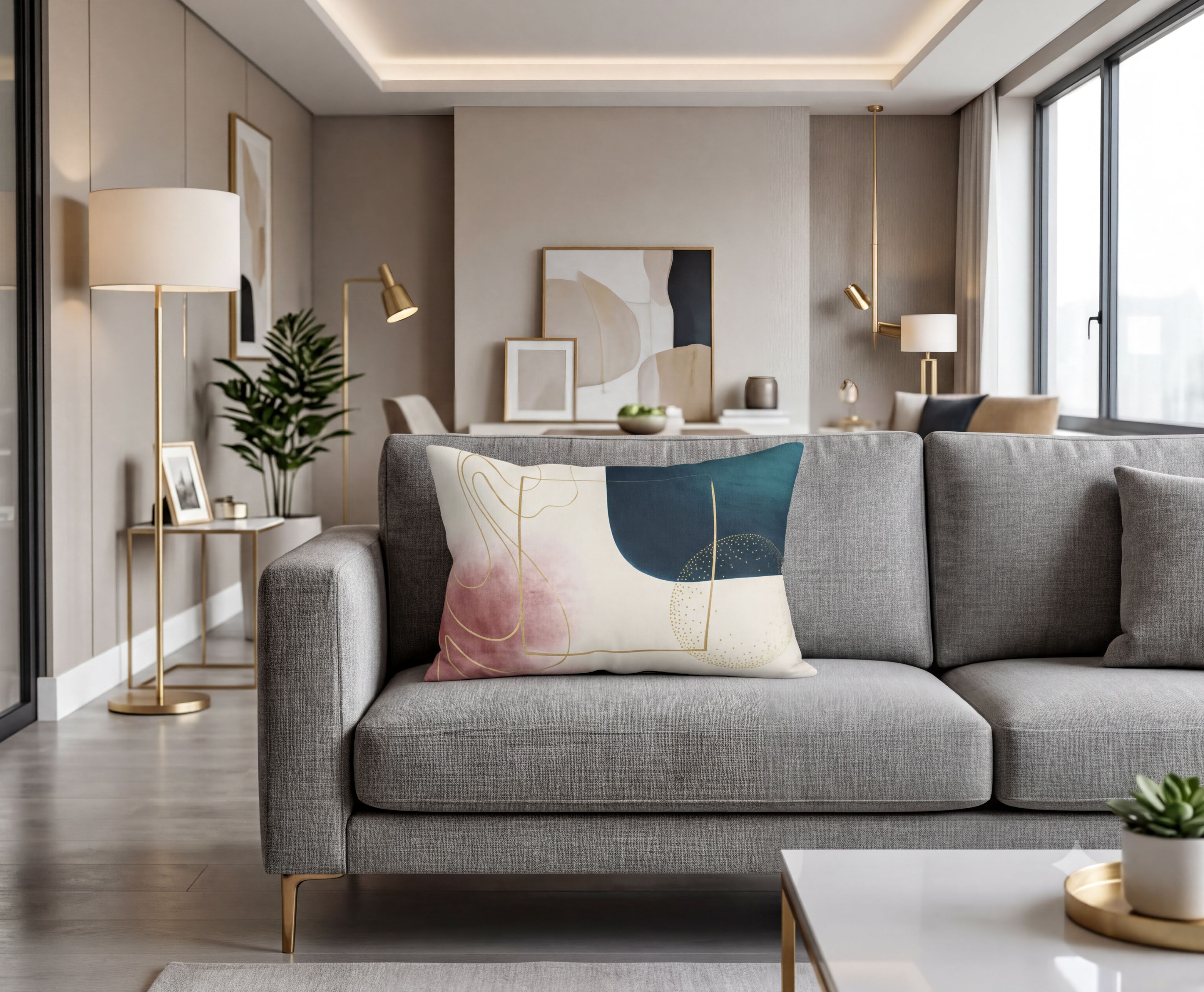 a modern living room with a gray sofa, a large abstract pillow, and various decorative elements such as a potted plant, a vase, and a sculpture.