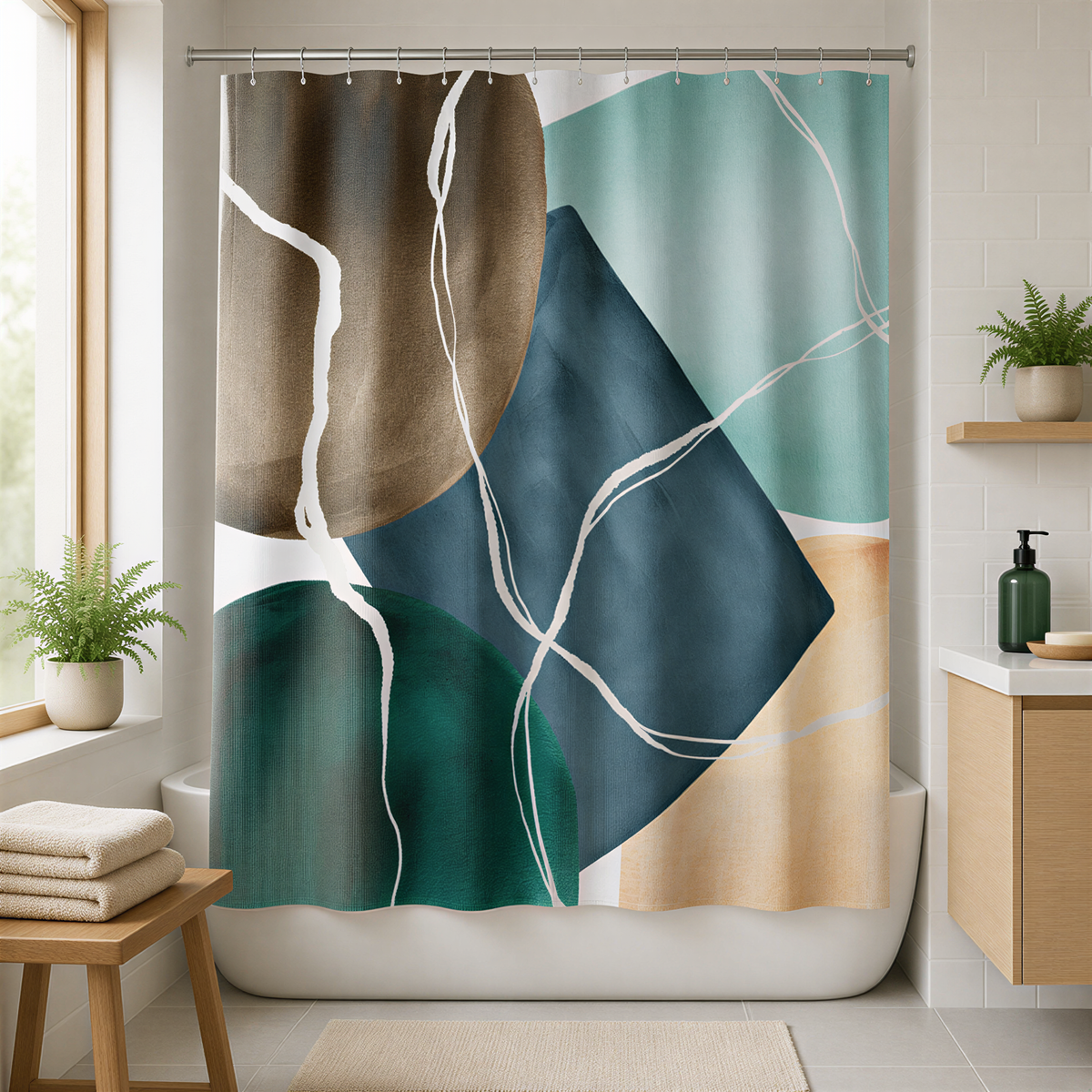 a bathroom with a shower curtain that has abstract geometric patterns in various colors, including shades of blue, green, and brown. The shower curtain is hanging from a rod, and there are potted plants placed on the windowsill and the floor.
