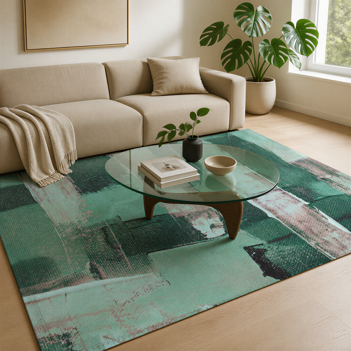 a cozy living room with a beige sofa, a glass-topped coffee table, and a large green abstract rug. The room is decorated with a potted plant and a framed picture on the wall.