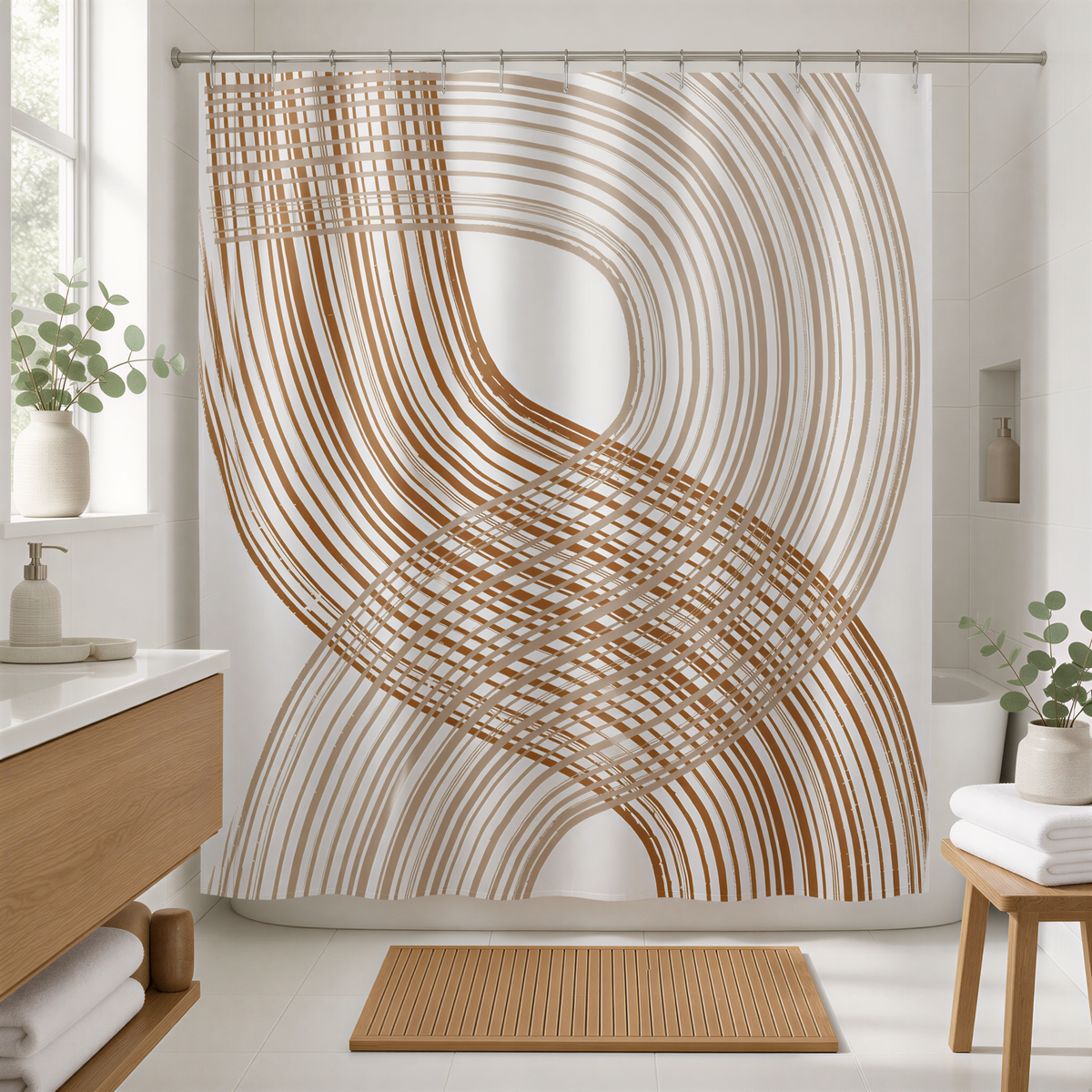 a modern bathroom with a large shower curtain featuring a repeating pattern of brown and white lines. The bathroom has a wooden vanity, a rug, and a potted plant, creating a stylish and contemporary atmosphere.