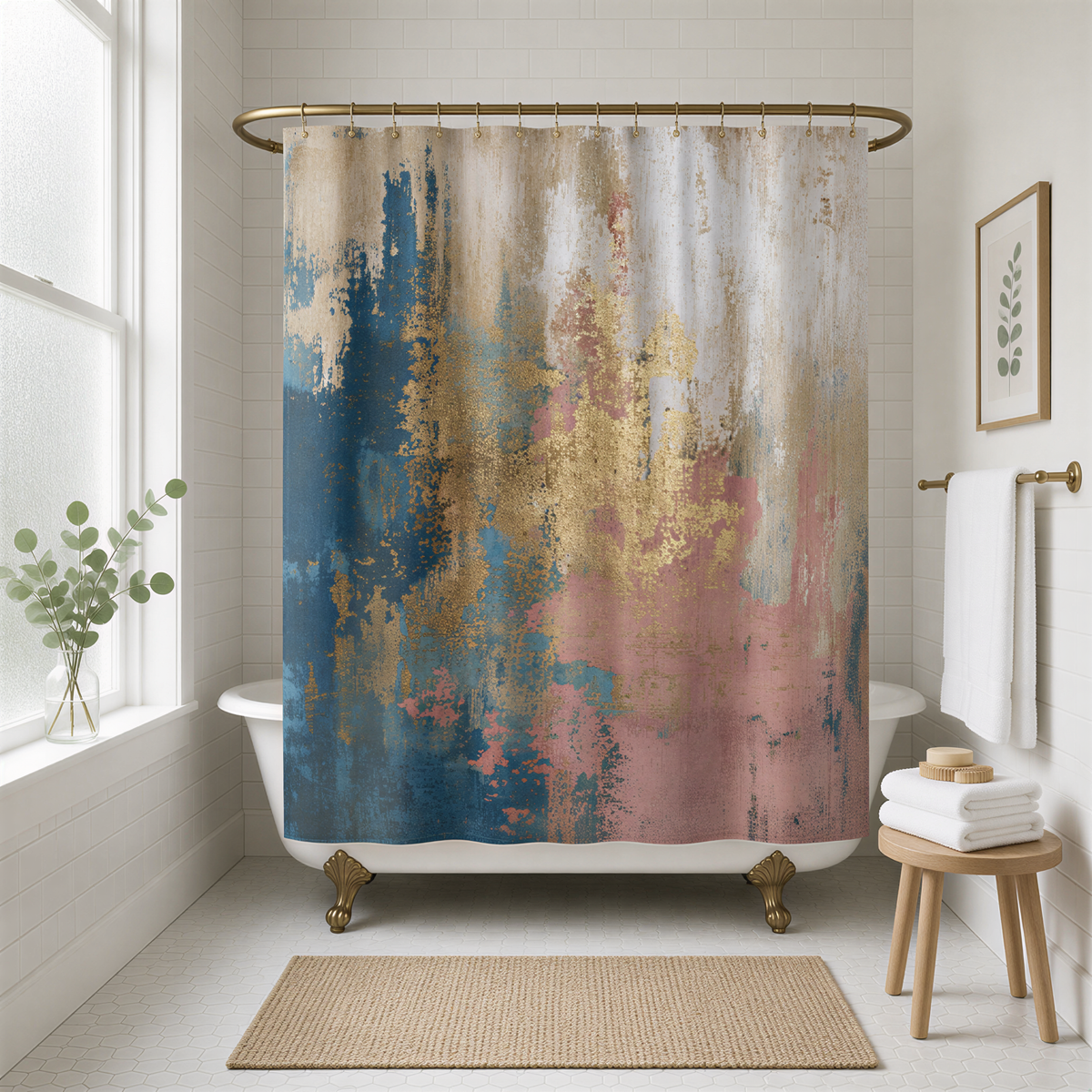 a bathroom with a white bathtub, a shower curtain with a colorful abstract design, and a wooden stool.