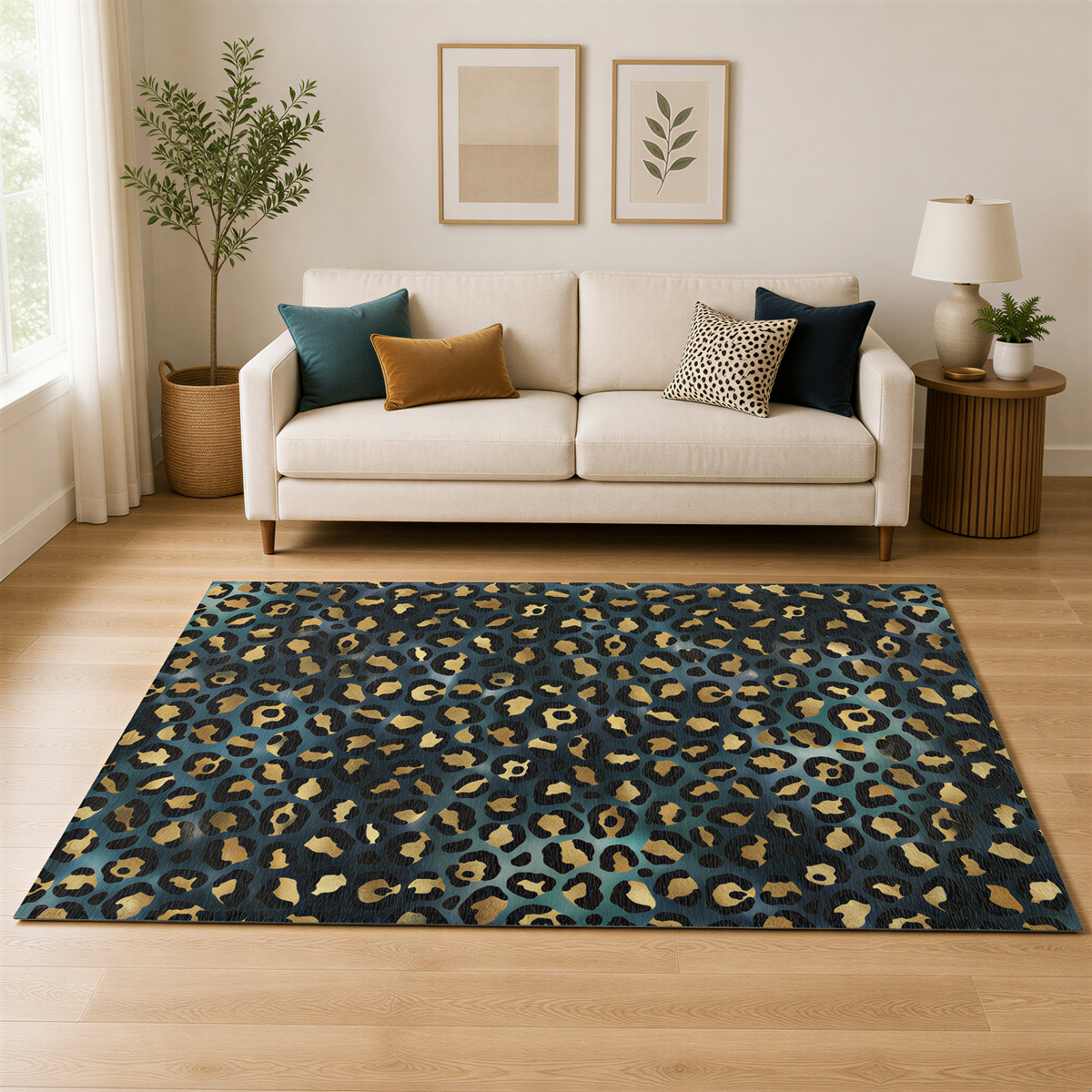 a living room with a white sofa, a leopard print rug, and a potted plant. The room has a modern and stylish design, with a large window providing natural light.