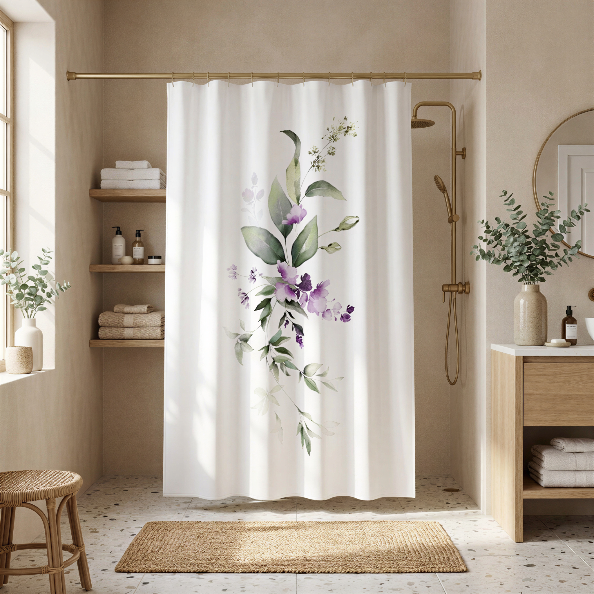 a bathroom with a shower curtain featuring a floral design, a wooden vanity, and various decorative elements such as potted plants and vases.