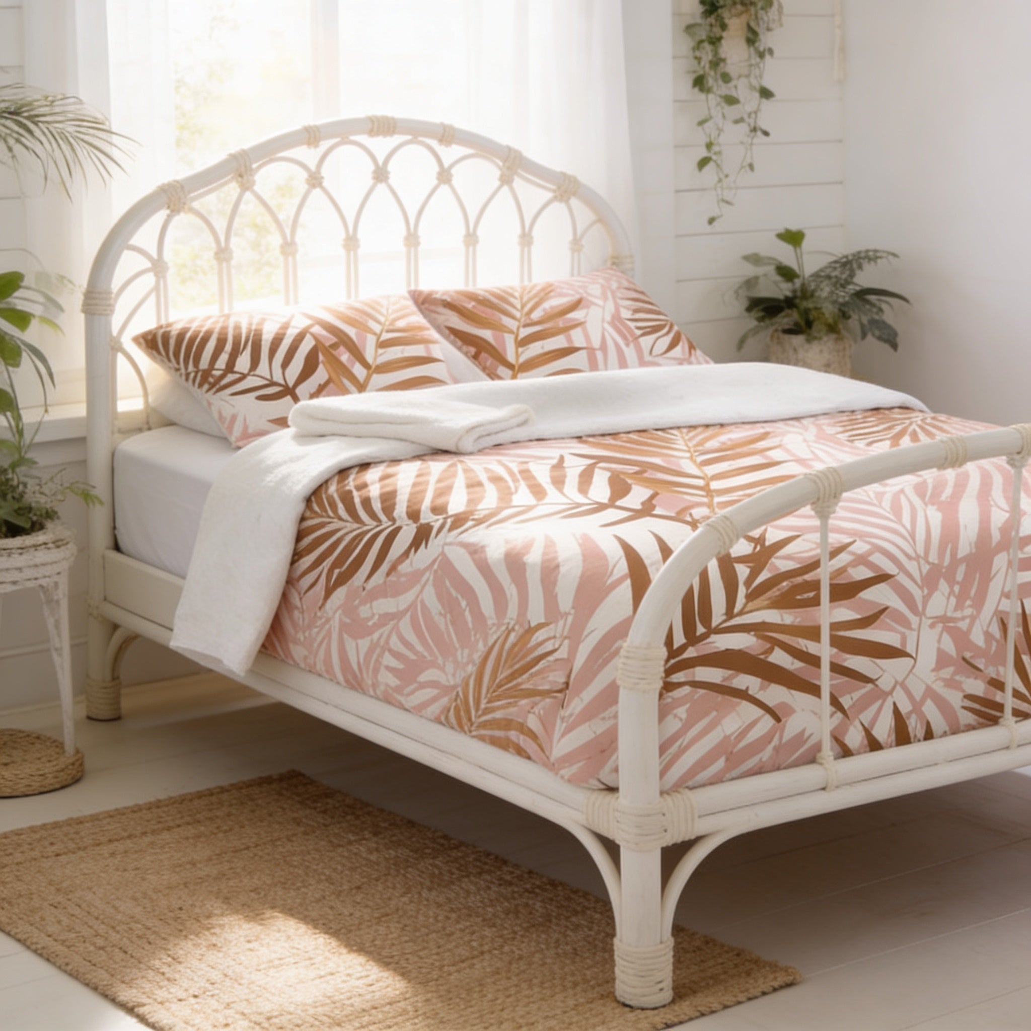 a cozy bedroom with a white metal bed frame, a white headboard, and a white comforter with a tropical leaf pattern. The bed is surrounded by a beige rug and has a window nearby.
