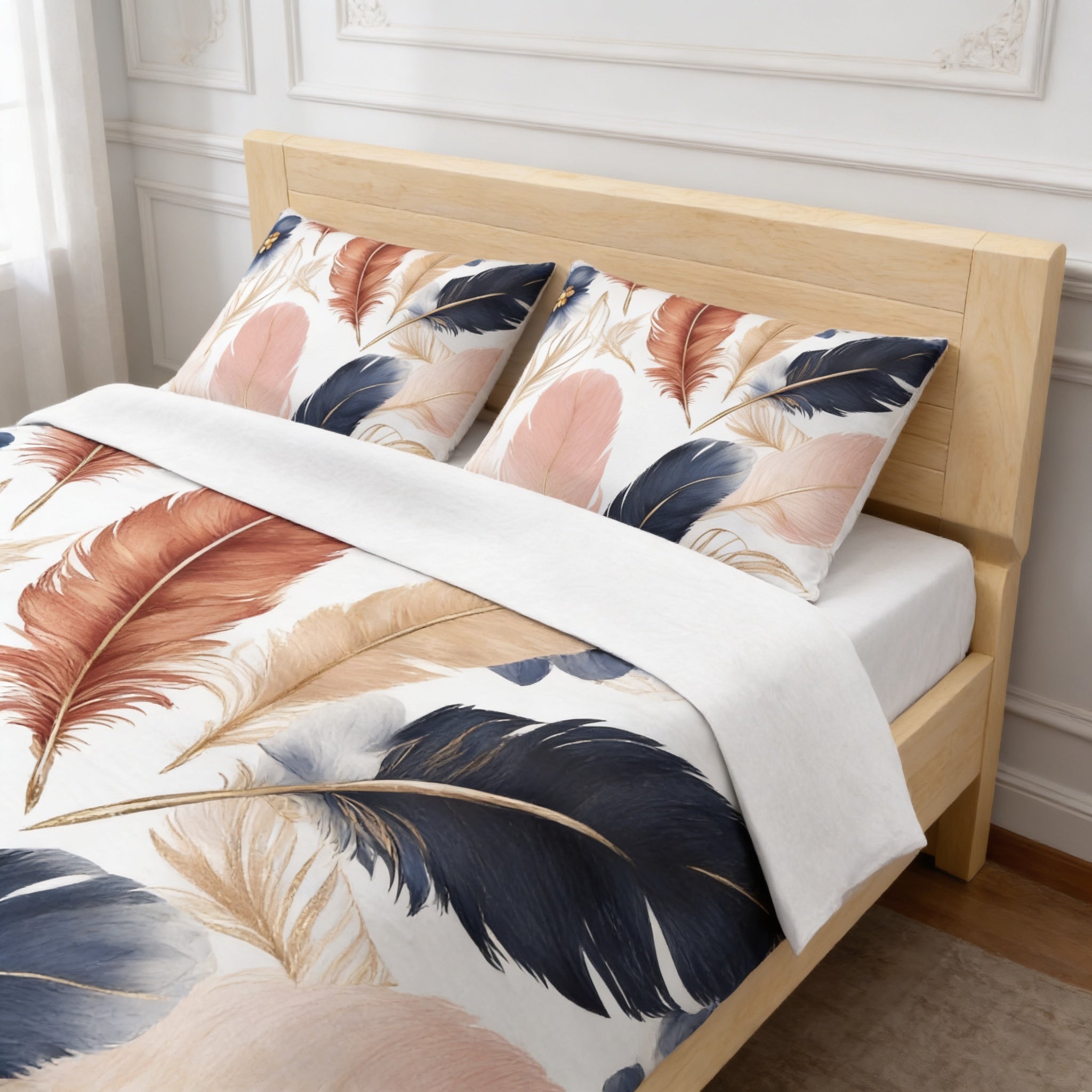 a bed with a white comforter and pillows featuring a feather pattern in shades of blue, pink, and orange.