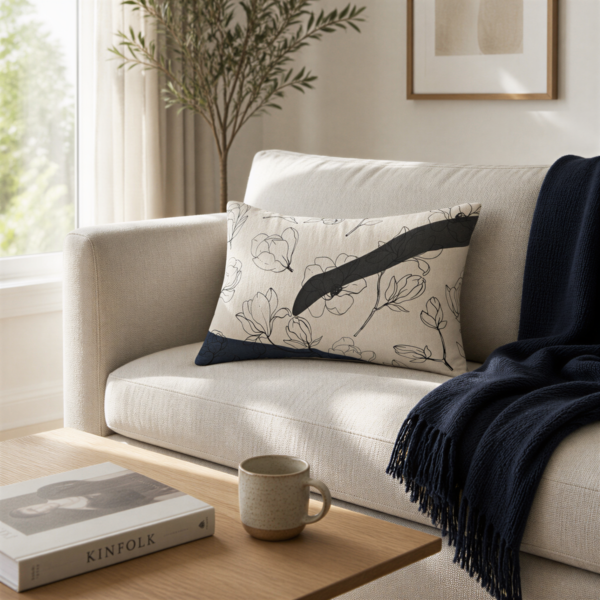 a cozy living room with a beige sofa, a coffee table with a book and a coffee mug, and a decorative pillow with a floral pattern.