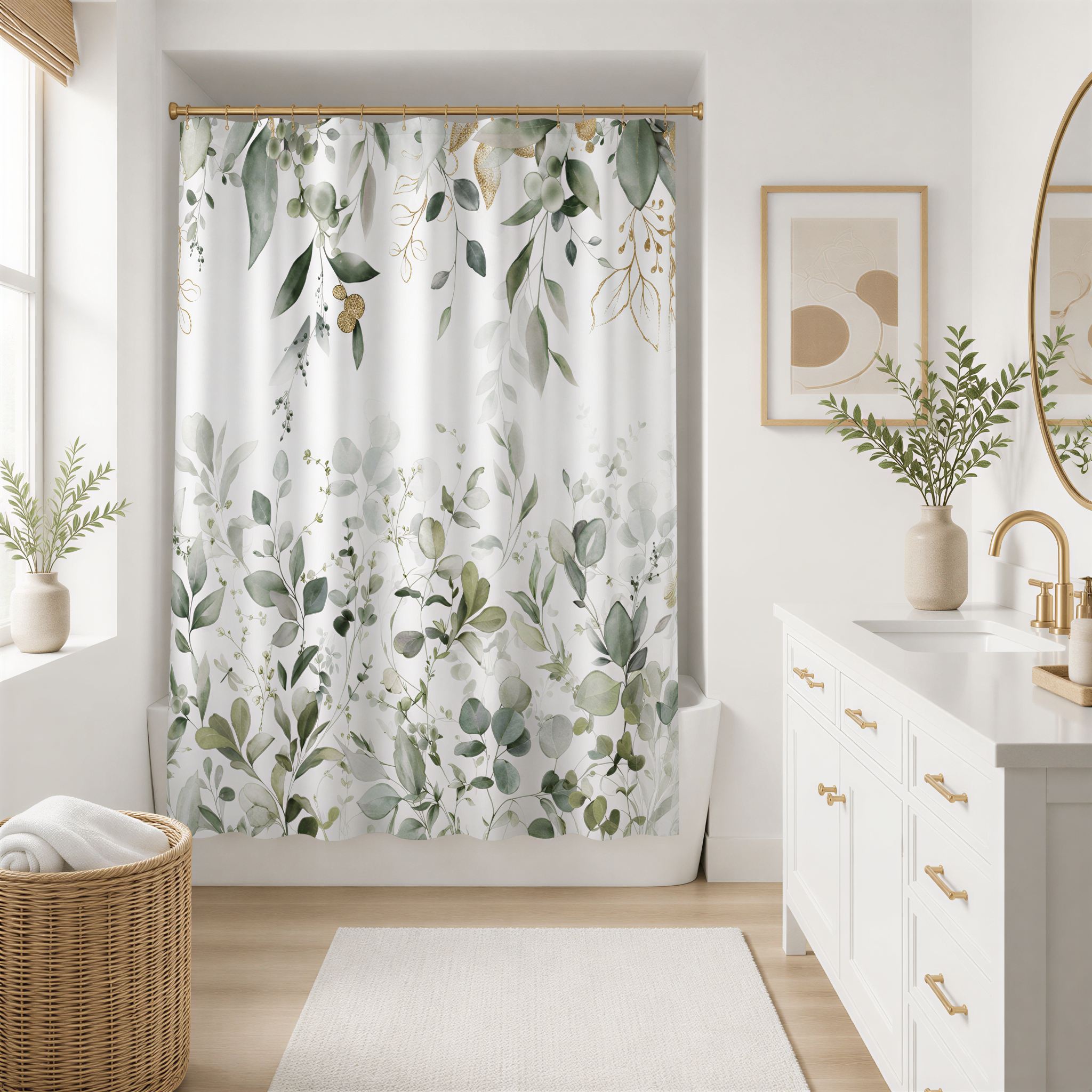 a serene and well-decorated bathroom with a shower curtain featuring a lush green and white floral pattern. The bathroom is equipped with a white sink, a mirror, and a wicker basket, creating a harmonious and visually appealing space.