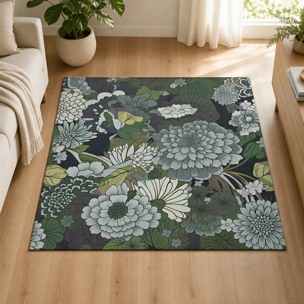 a large, square rug with a floral pattern in shades of green and gray, placed on a wooden floor in a living room setting.