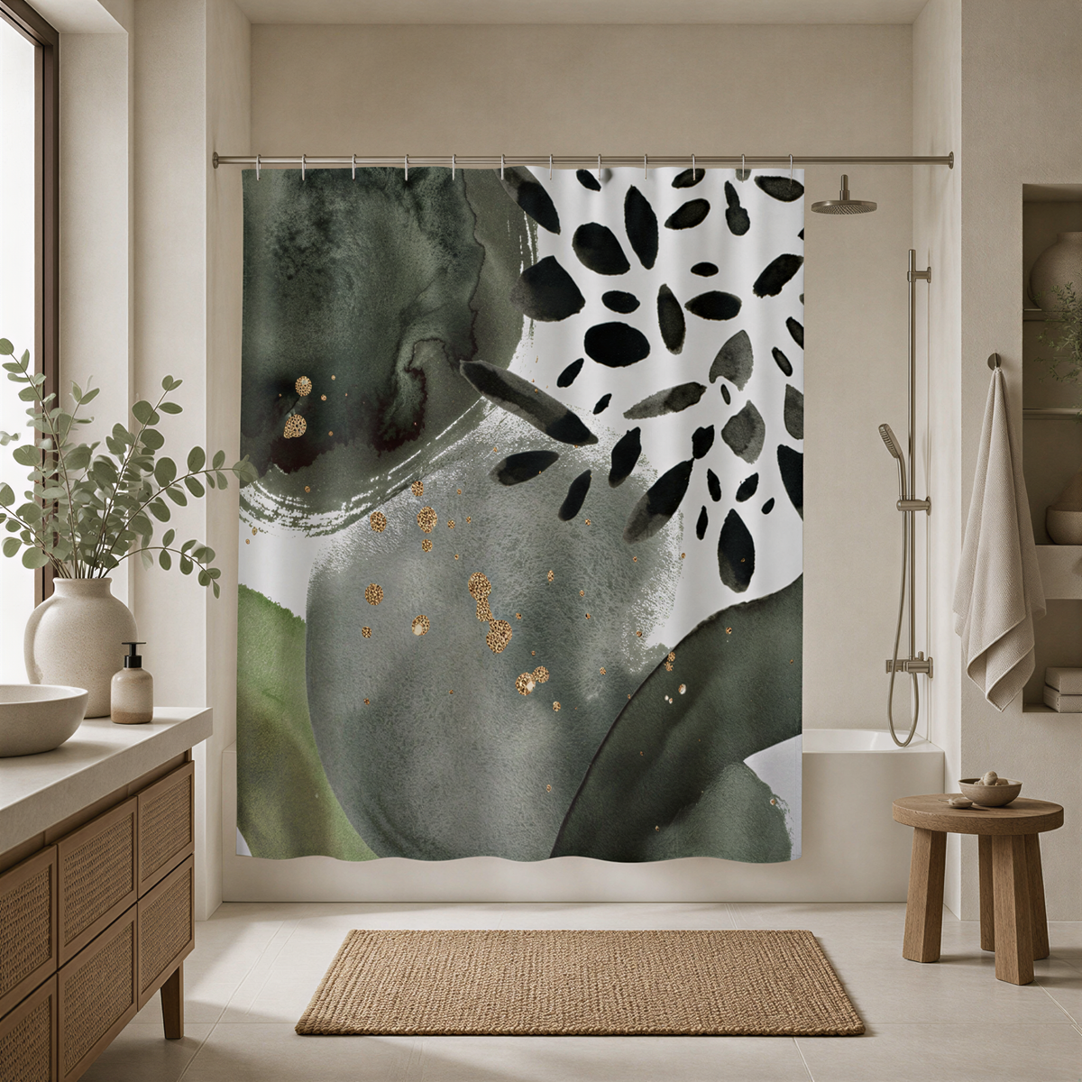 a modern bathroom with a large abstract green and white patterned shower curtain as the focal point. The bathroom features a wooden vanity, a rug, and a small table with a plant on it.