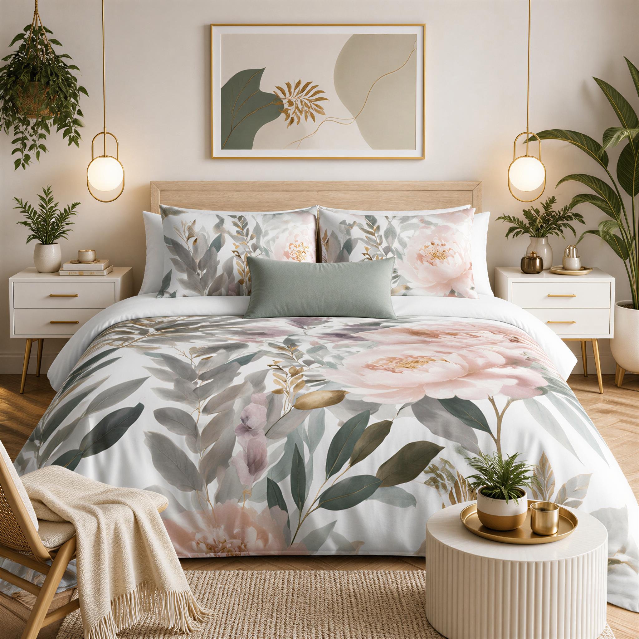 a well-decorated bedroom with a large bed, a nightstand, and a potted plant. The bed is covered in a floral comforter and has a gray throw blanket on it. The room has a neutral color scheme with white walls and a wooden floor. There are two hanging lamps on either side of the bed, and a framed artwork above the bed. The room also features a round coffee table with a vase of flowers and a small plant.