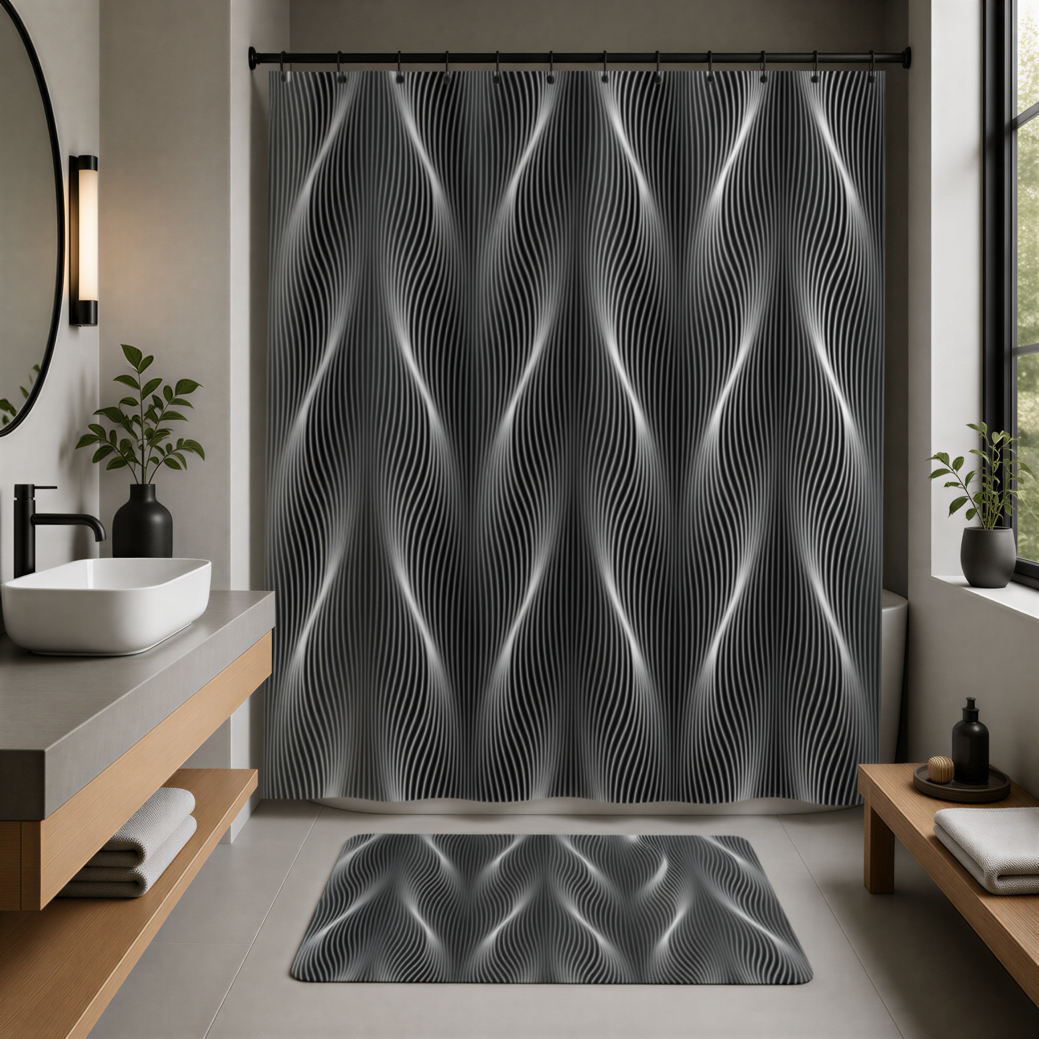 a modern bathroom with a large, abstract black and white patterned shower curtain. The bathroom features a wooden vanity, a round mirror, and a wooden bench. There are also some plants and decorative items in the room, creating a stylish and contemporary atmosphere.