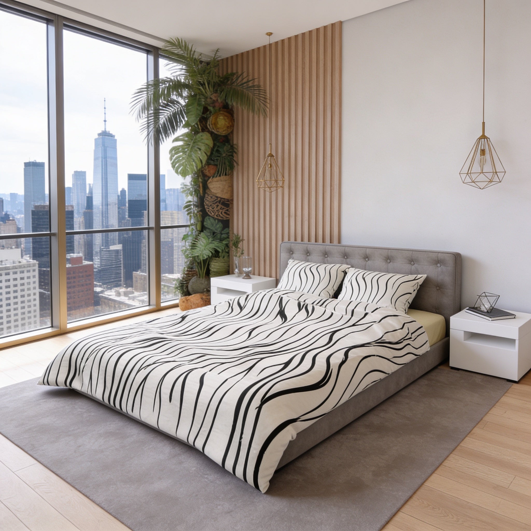 a modern bedroom with a large window overlooking a city skyline. The room features a gray and white zebra-striped comforter on the bed, a white nightstand, and a potted plant. The room has a minimalist and stylish design, with a geometric patterned rug on the floor.