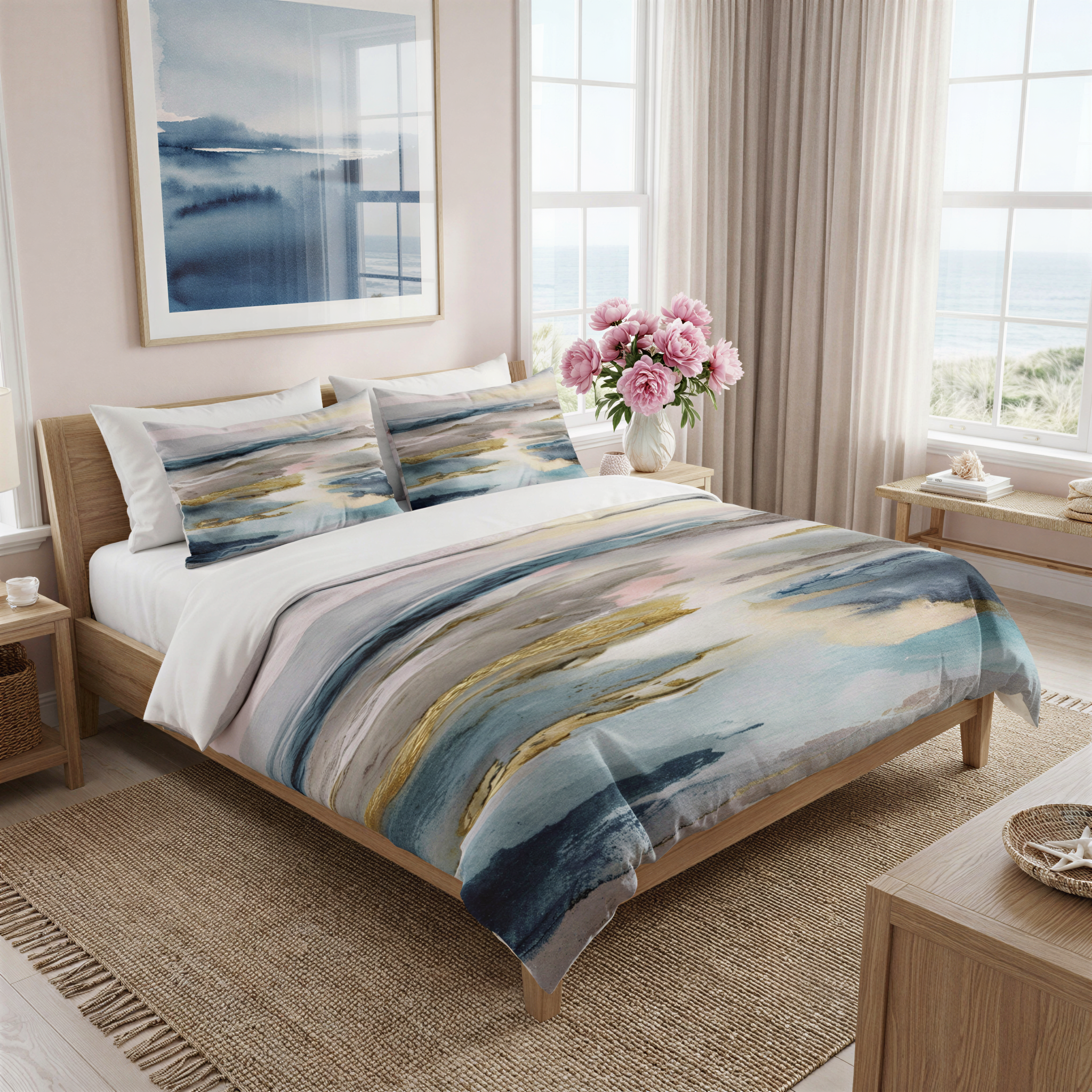 a bedroom with a large bed, a painting on the wall, and a vase of pink flowers on a nightstand.