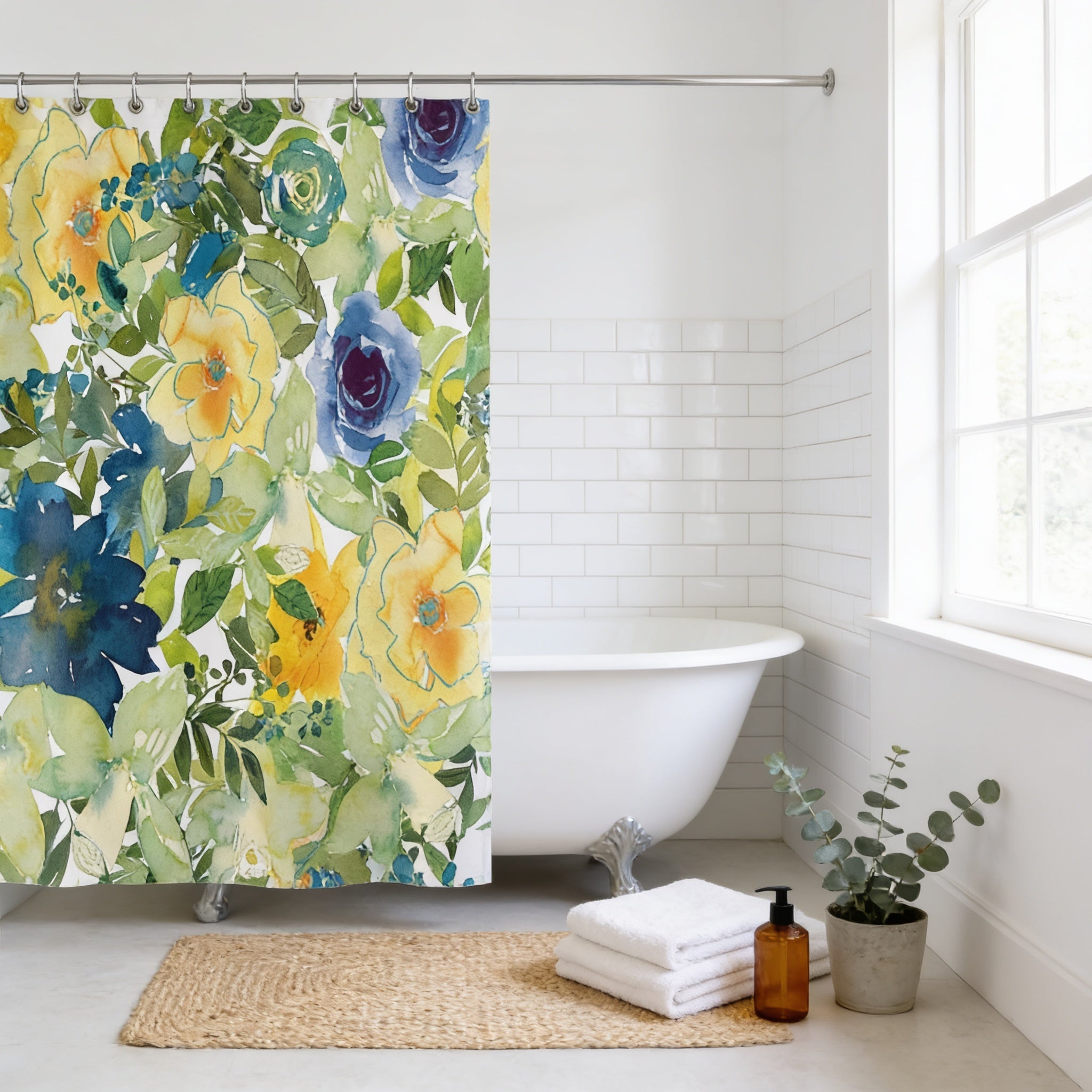 a bathroom with a white bathtub, a colorful floral shower curtain, and a window. The shower curtain has a mix of yellow, blue, and green flowers. There are also some towels and a bottle of soap on the floor next to the bathtub.