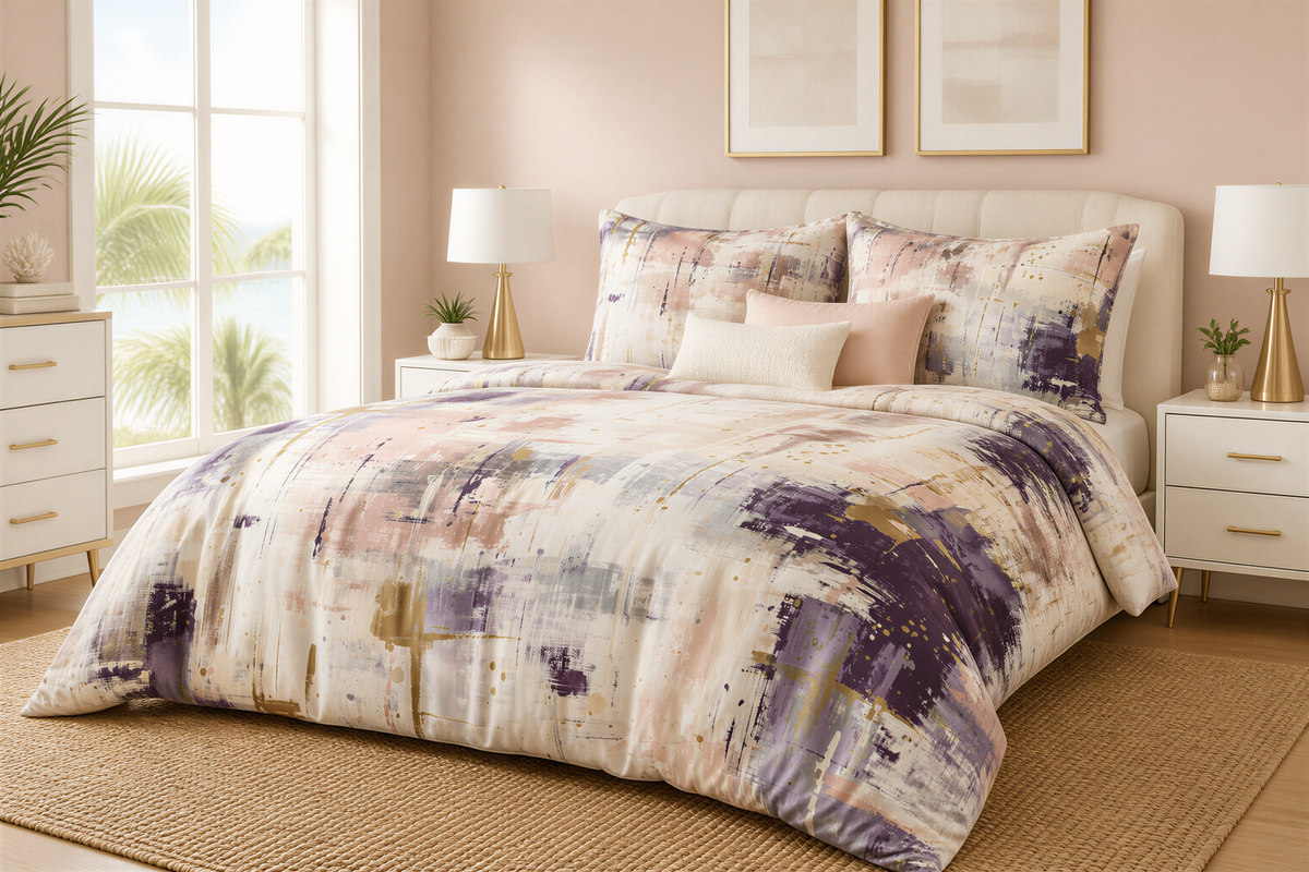 a bedroom with a large bed, a white headboard, and a colorful abstract comforter. The room has a window overlooking a tropical landscape, and there are two nightstands with lamps on either side of the bed.