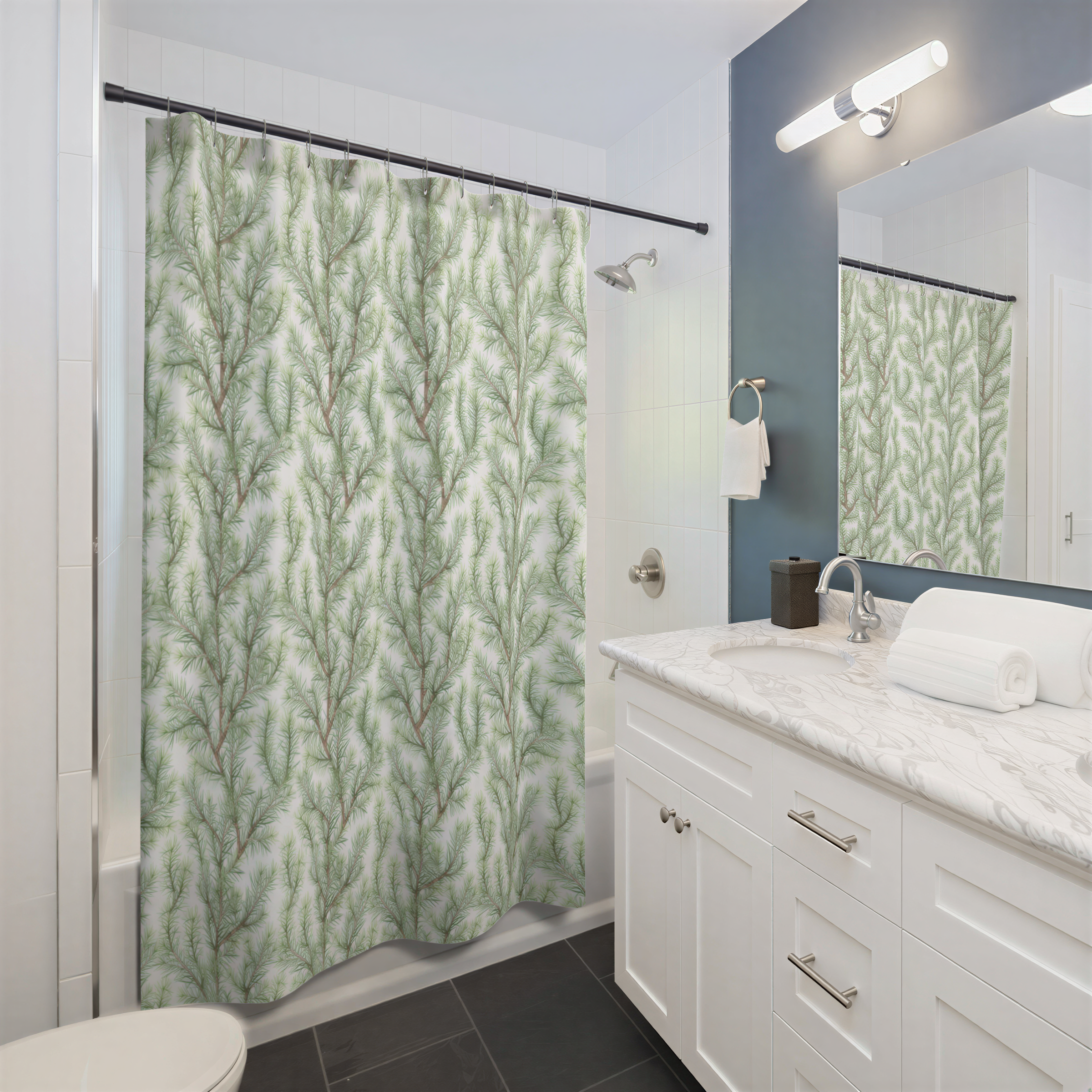 Christmas Shower Curtain Beige Green Ferns hanging in a bathroom