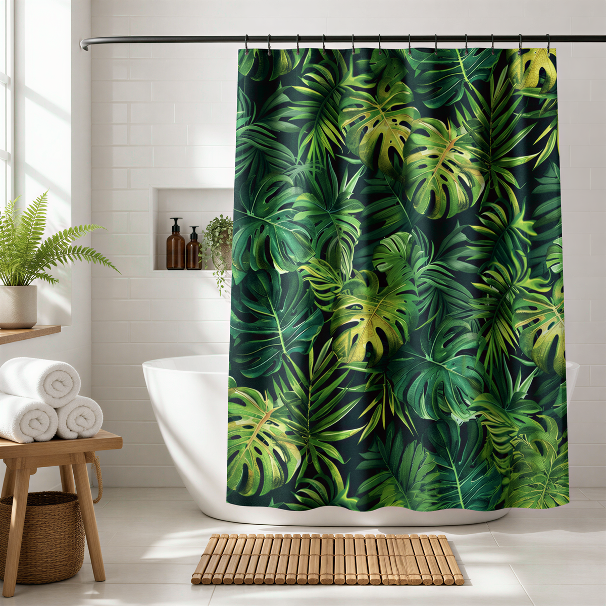 a bathroom with a shower curtain adorned with a tropical leaf pattern in shades of green and yellow. The shower curtain is hanging from a rod, and there are several potted plants placed around the room, adding a touch of nature to the space.