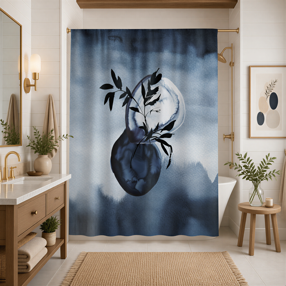 a modern bathroom with a large blue and white watercolor print hanging on the wall, featuring a stylized plant design. The bathroom is well-decorated with a wooden vanity, a mirror, and various plants and accessories, creating a serene and elegant atmosphere.