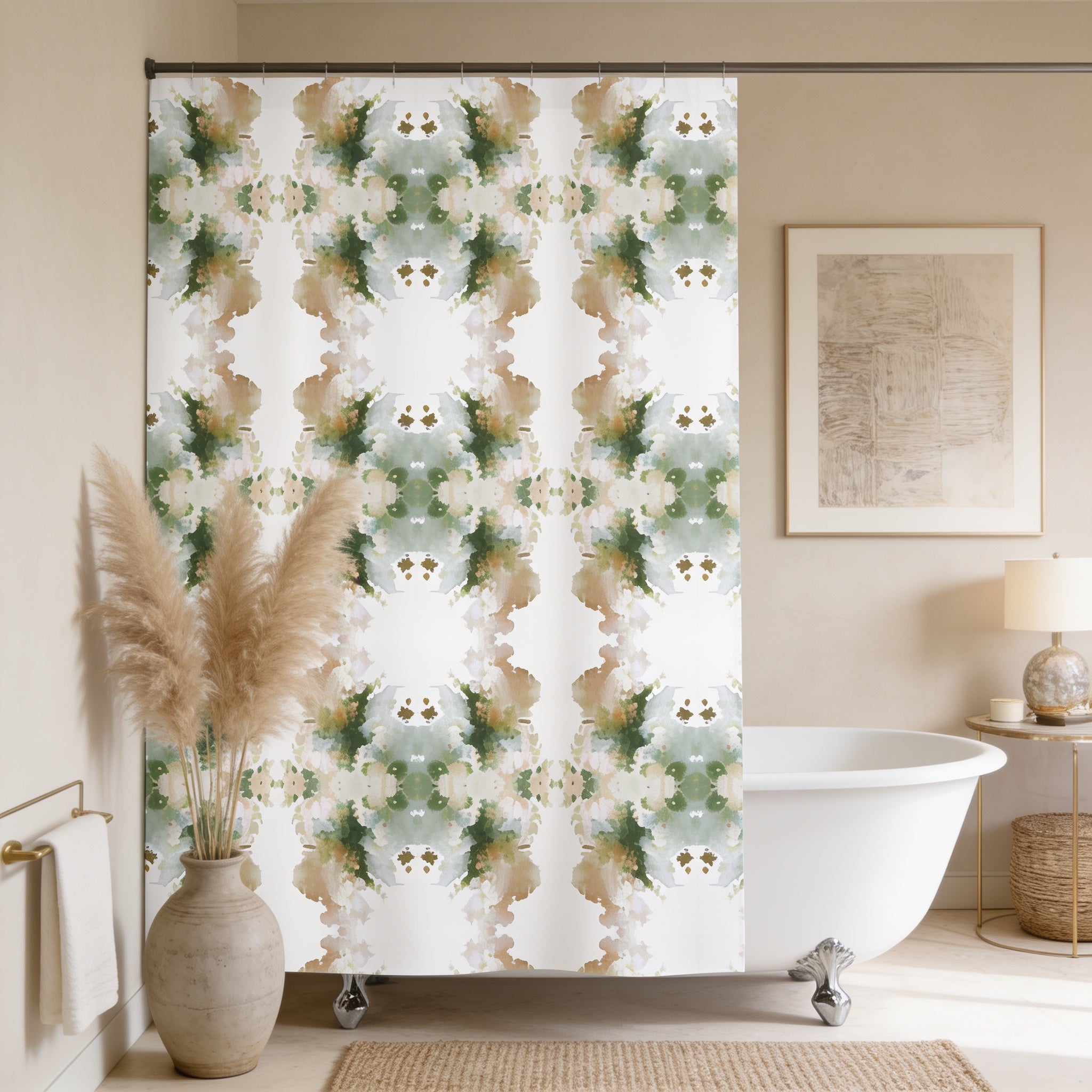 a bathroom with a white bathtub, a shower curtain with a repeating pattern of green and brown flowers, a potted plant, and a framed artwork on the wall.