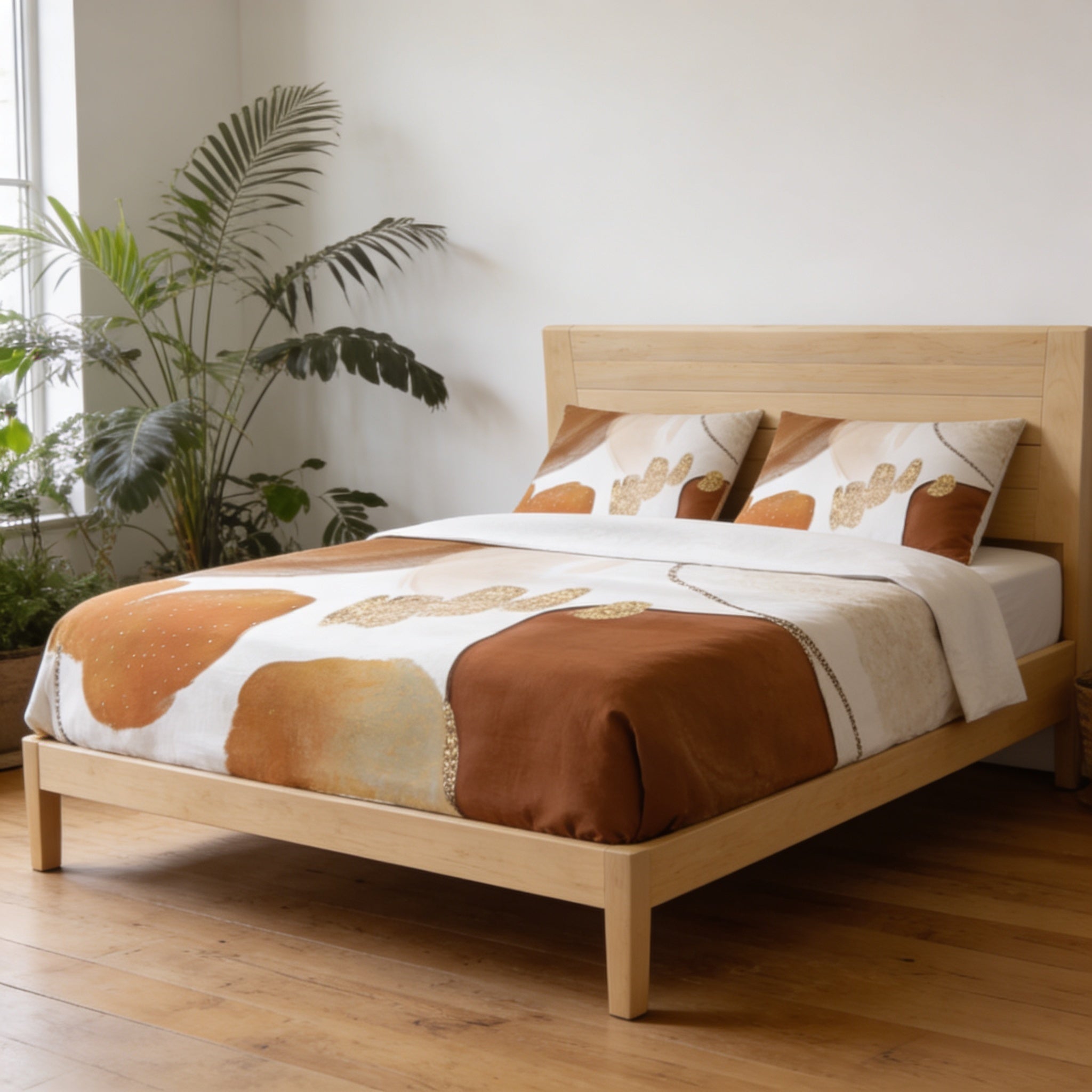 a modern bedroom with a wooden bed frame and a colorful, abstract-patterned comforter. The bed is positioned against a white wall, and there are several potted plants in the room, creating a cozy and natural atmosphere.