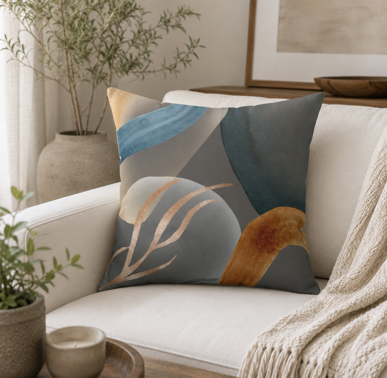 a living room with a white sofa and a decorative throw pillow with abstract geometric patterns in shades of blue, gray, and orange.