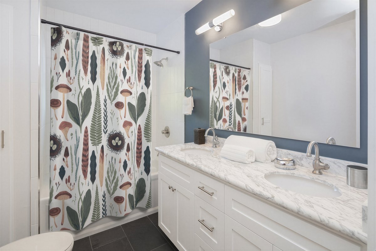 Mushrooms Floral Shower Curtain hanging in a modern bathroom
