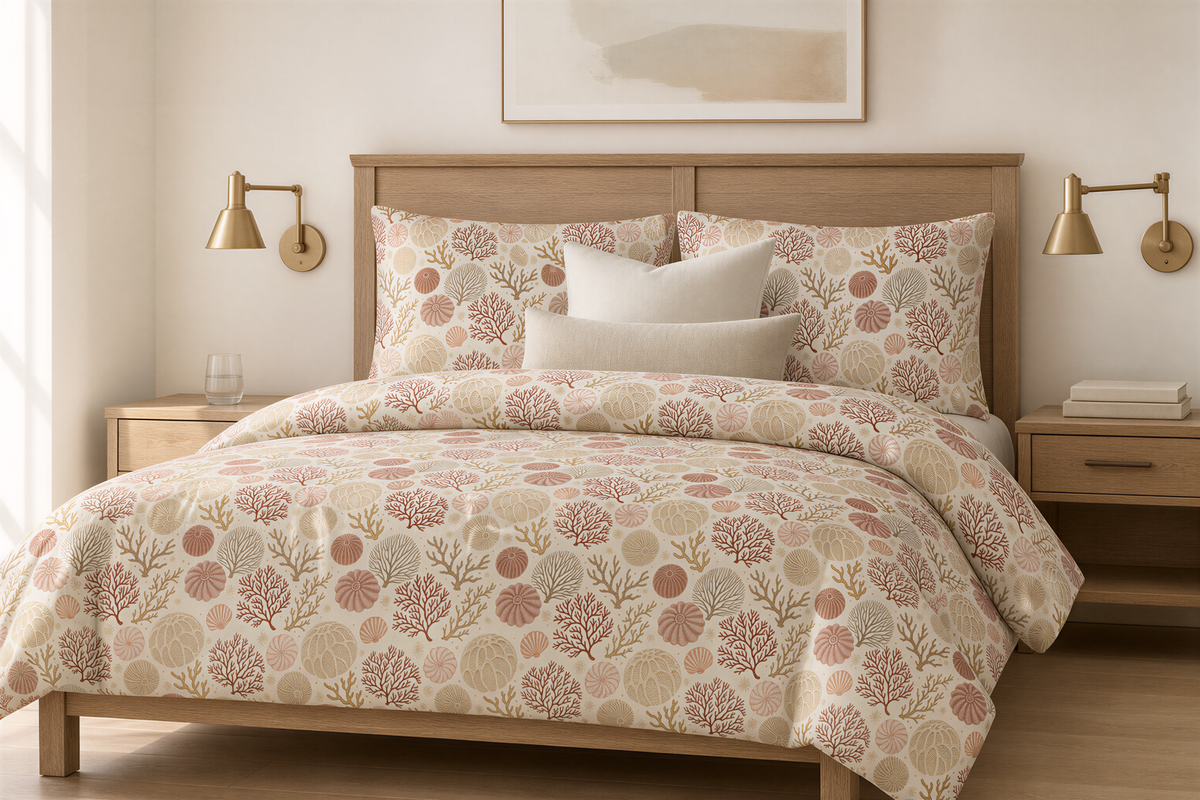 a cozy bedroom with a large bed adorned with a patterned comforter and pillows. The bed is positioned against a wall with two wall sconces on either side, providing ample lighting. The room has a clean, minimalist aesthetic with white walls and a wooden floor.